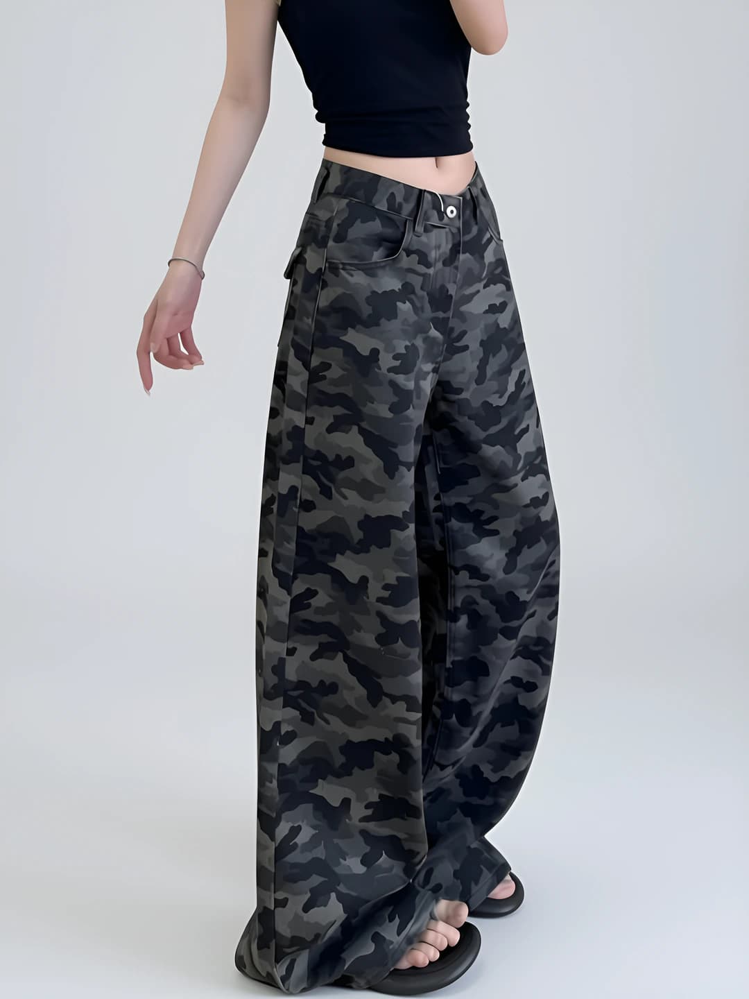 Ayollar uchun keng va klesh jinsi shimlar, kamuflyaj, baland bel, bahor-kuz, bo'sh (oversize), jinsi mato