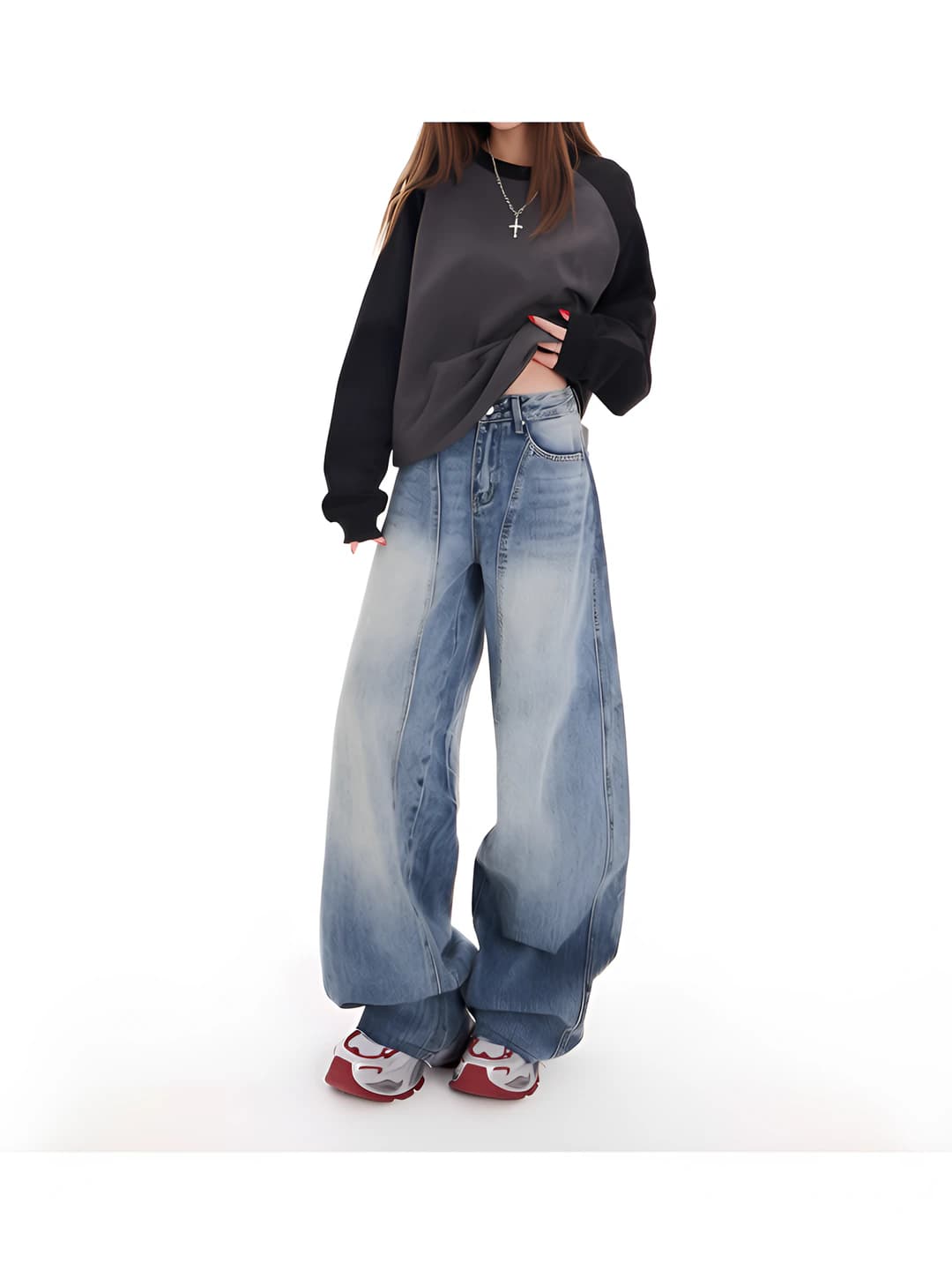 Ayollar uchun keng va klesh jinsi shimlar, retro, bahor, baland bel, bo'sh (oversize), nozik ko'rsatadigan, uzun shim, 50%–70% paxta