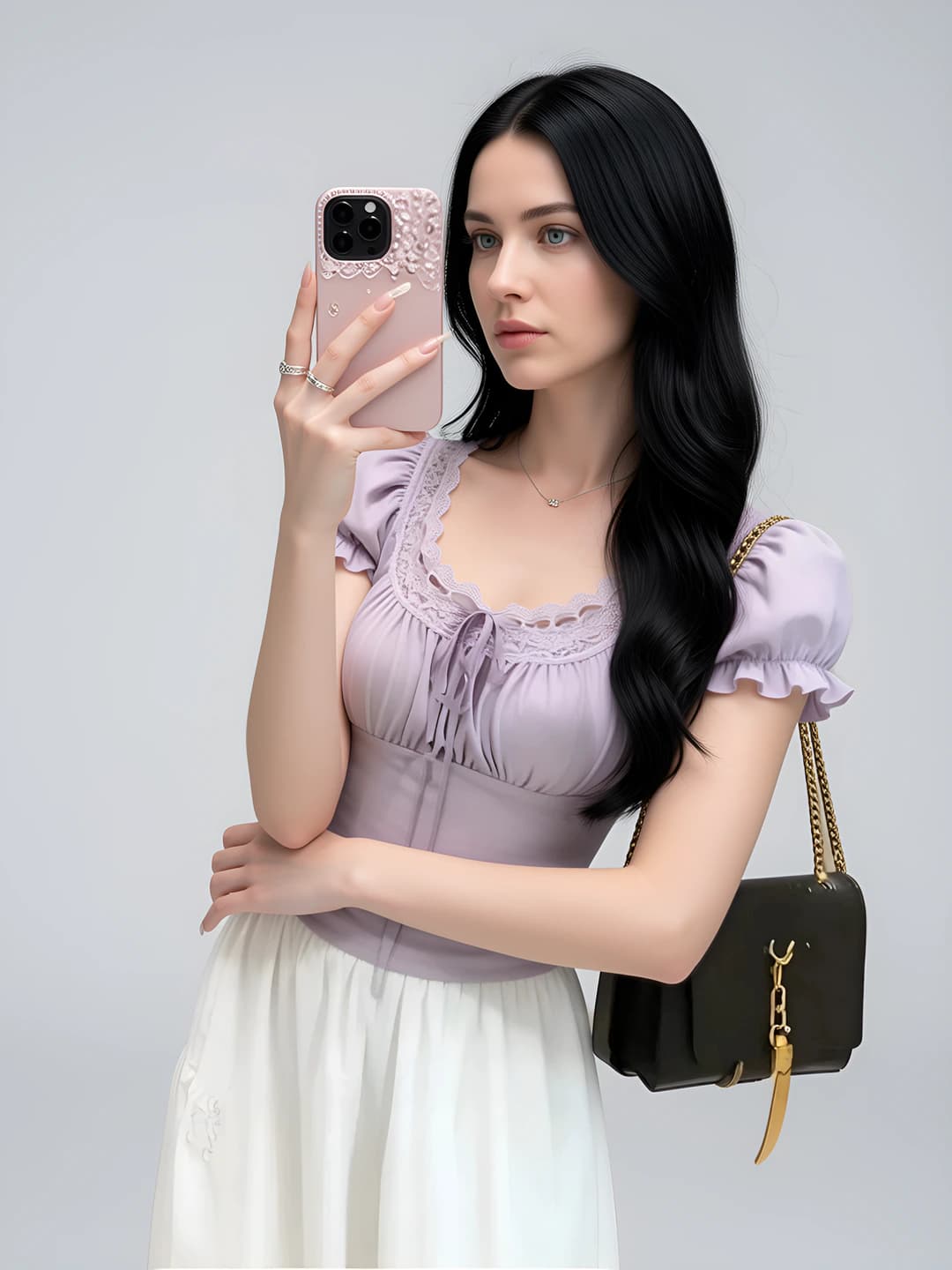 Women's summer lace-trimmed U-neck slim fit short sleeve blouse