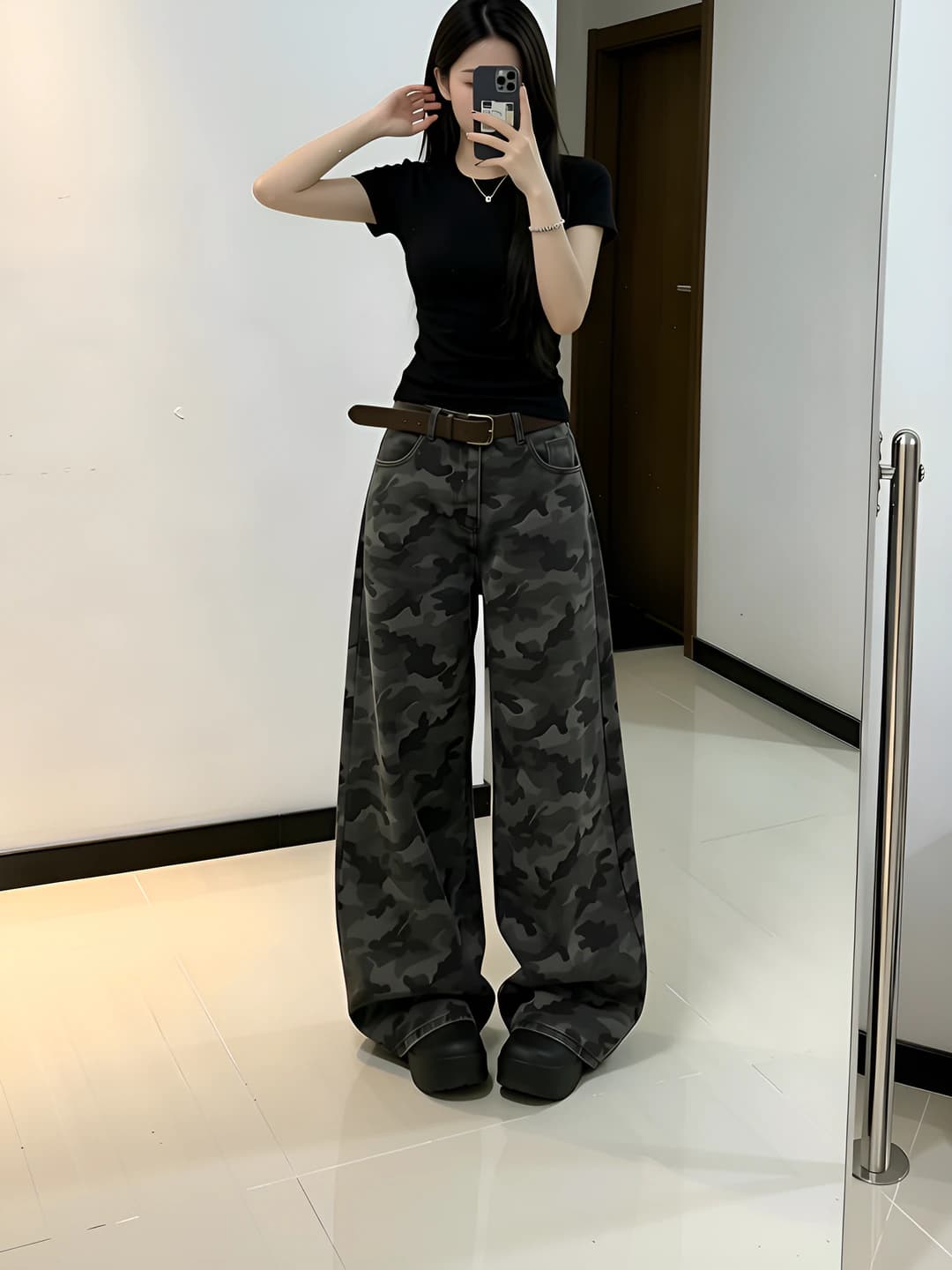 Women's wide and flared jeans, camouflage, high waist, trousers, spring-autumn, casual style