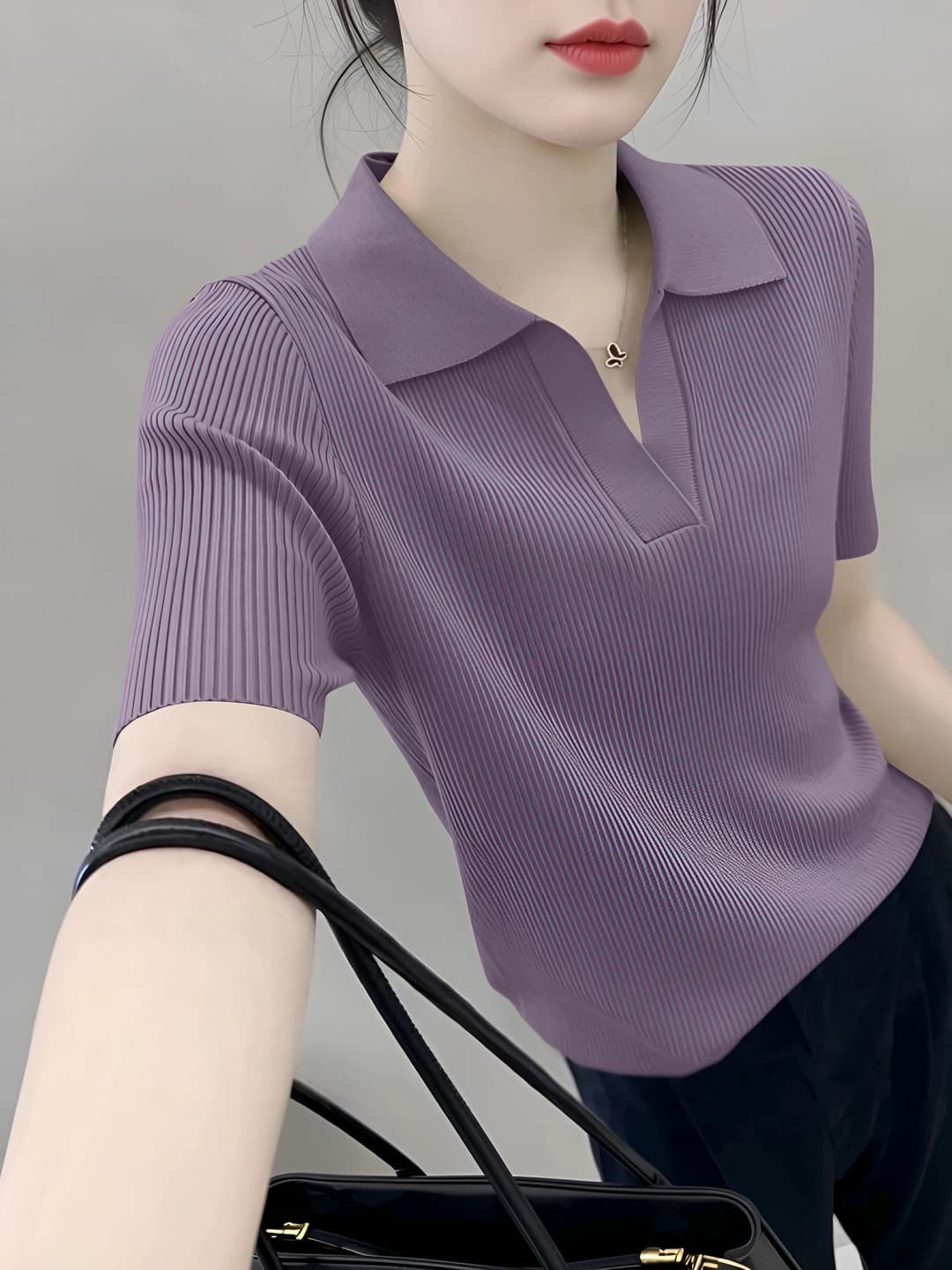 Women's summer knit top, loose fit, slimming, short sleeve, crew neck, solid colour, slim fit, cropped knitted top