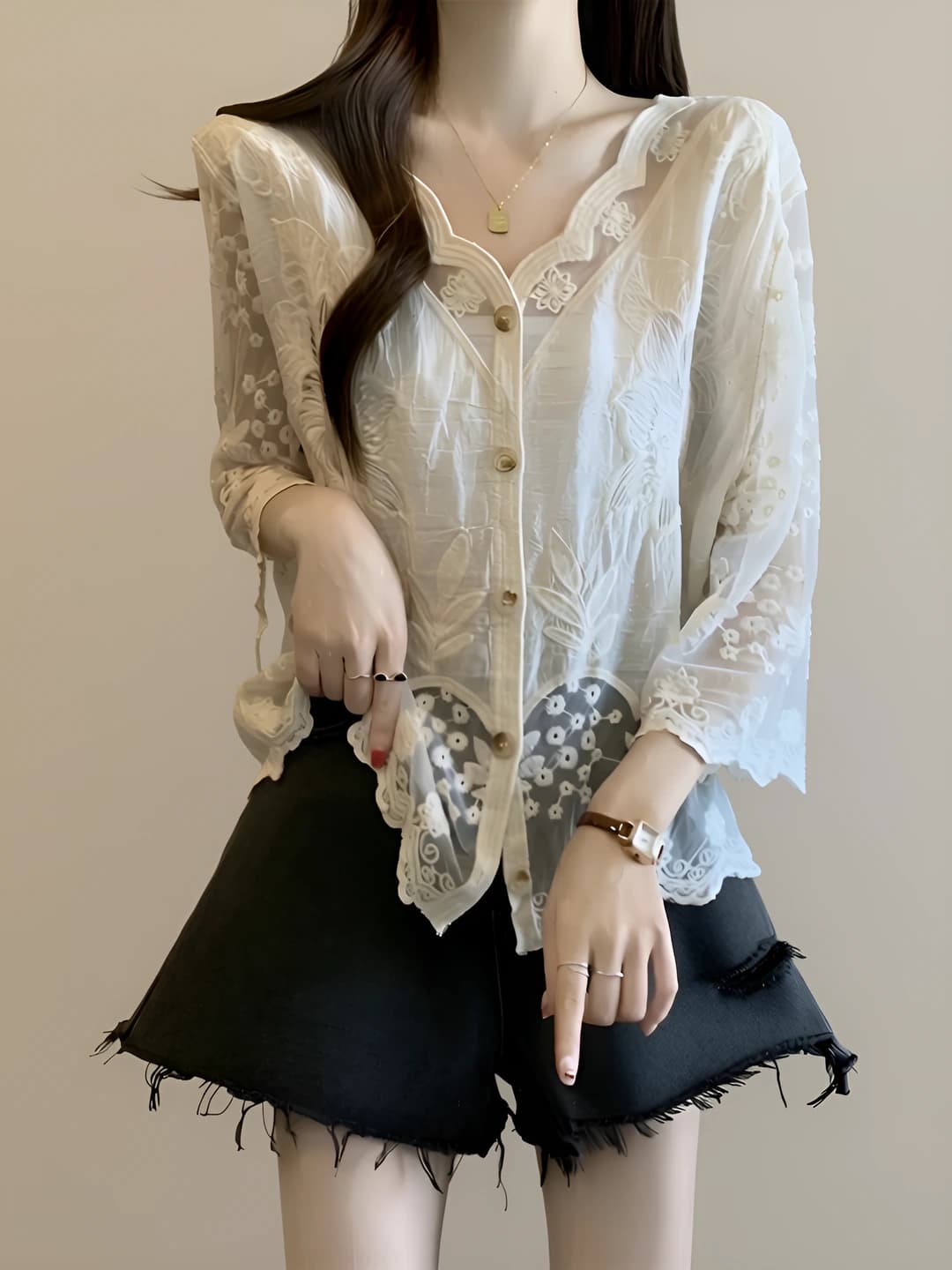 Ayollar uchun dantel bluzka, yozgi, yupqa, nozik ko'rsatadigan, quyoshdan himoyalovchi, bo'sh (oversize) kesim, uzun yeng, dumaloq yoqa