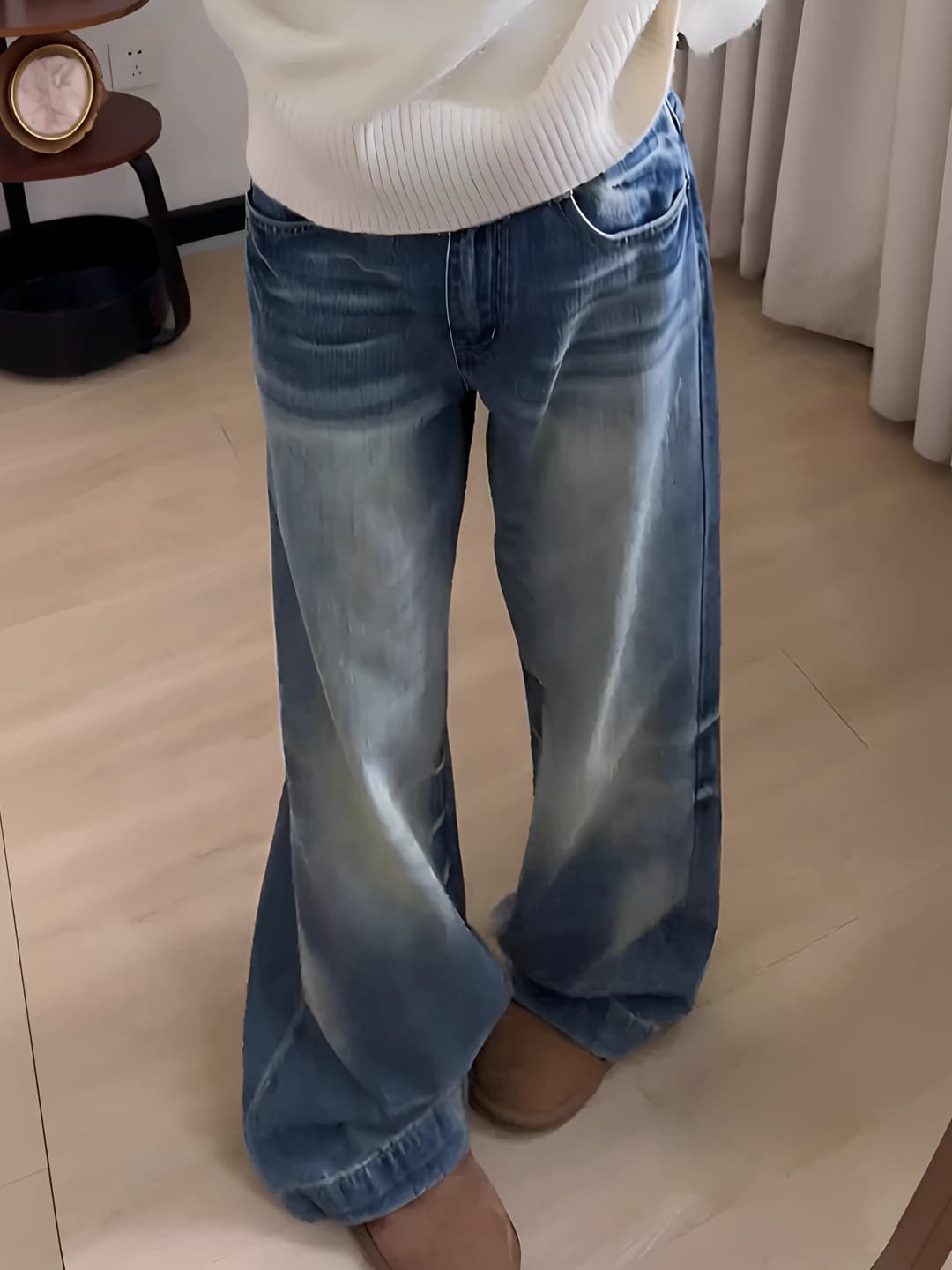 Women's preppy style loose fit straight cut high waist jeans for spring-autumn