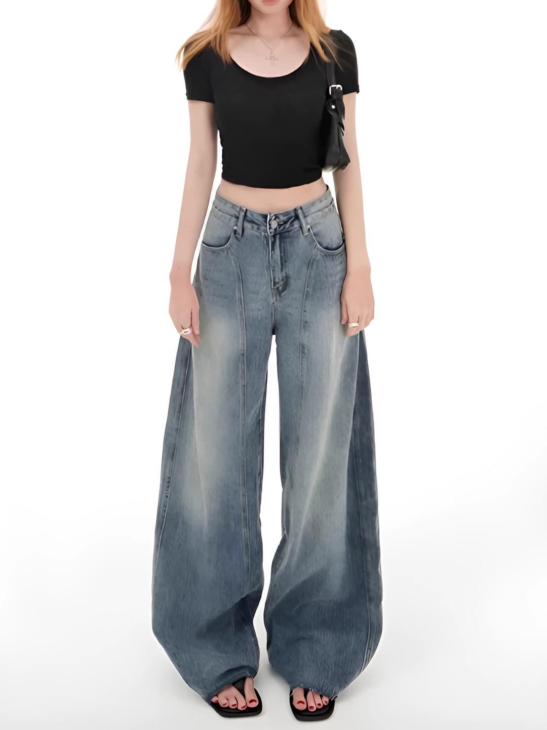 Ayollar uchun bahor-kuzgi baland belli keng jinsi shimlar, nozik ko'rsatadigan bo'sh (oversize) fit, 50%-70% paxta