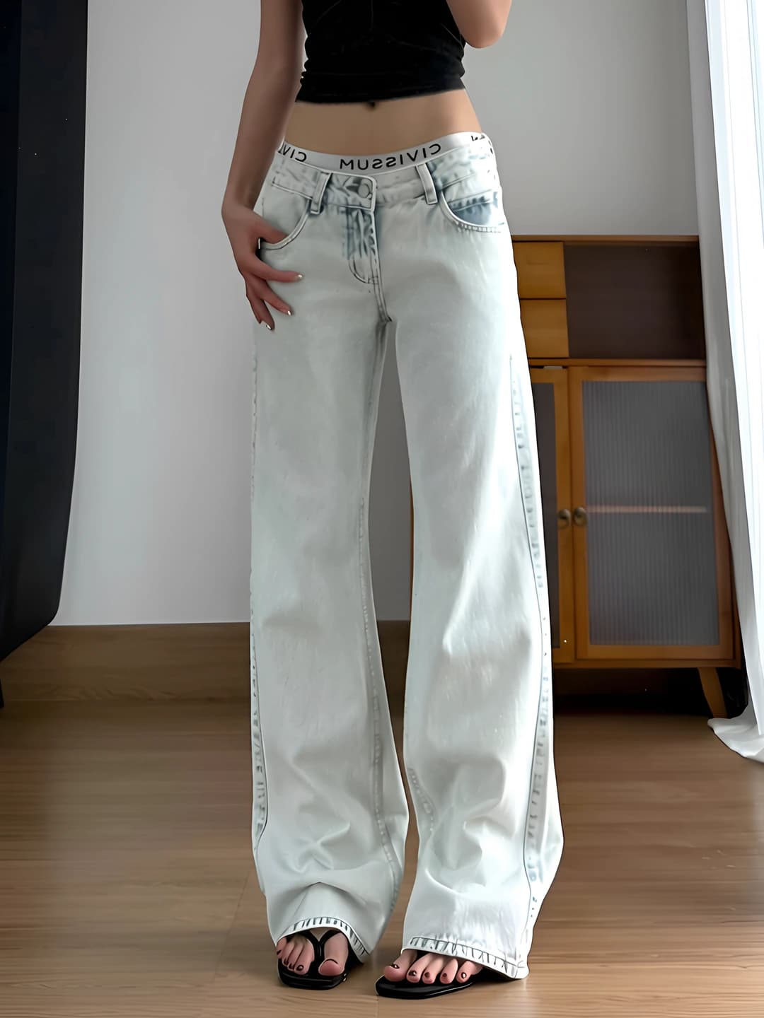 Women's wide and flared jeans, high waist, trousers, straight cut, spring-autumn, slimming, zip, 50%-70% cotton