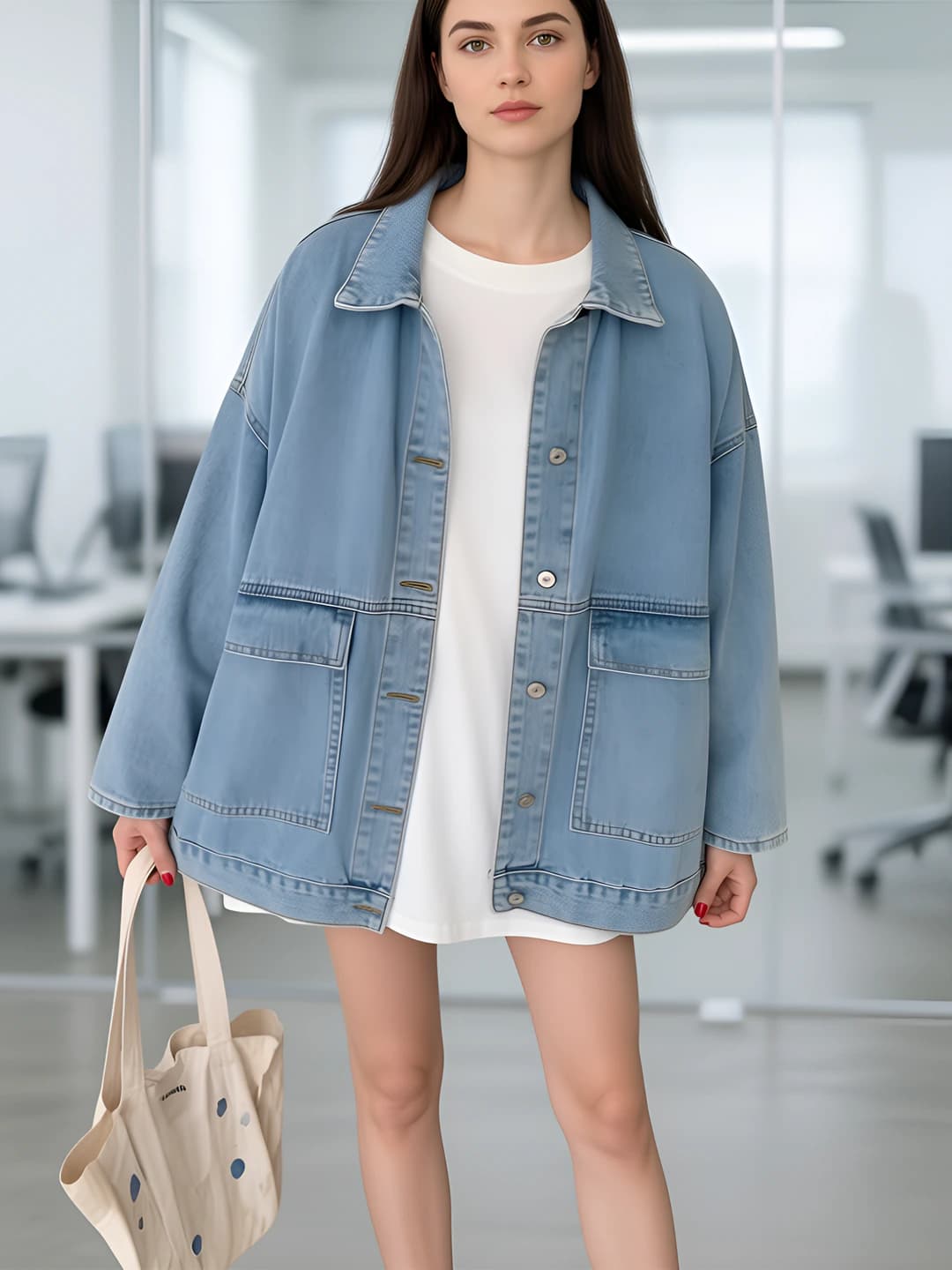 Women's 2026 spring-autumn Korean style loose fit slimming long sleeve POLO collar denim jacket