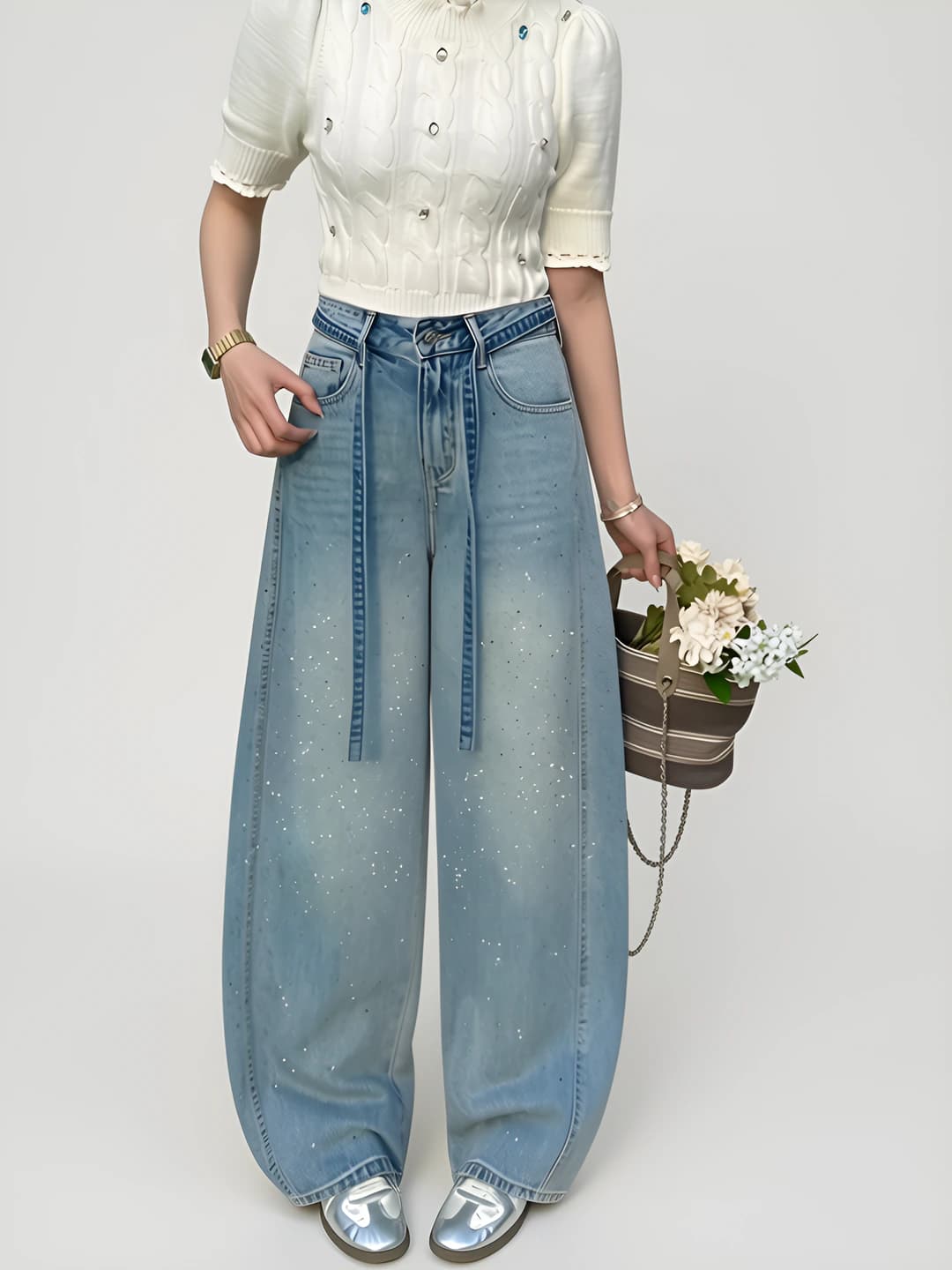 Ayollar uchun keng va klesh jinsi shimlar, baland bel, uzun shim, bo'sh (oversize) kesim, koreys uslubida, bahor-kuz