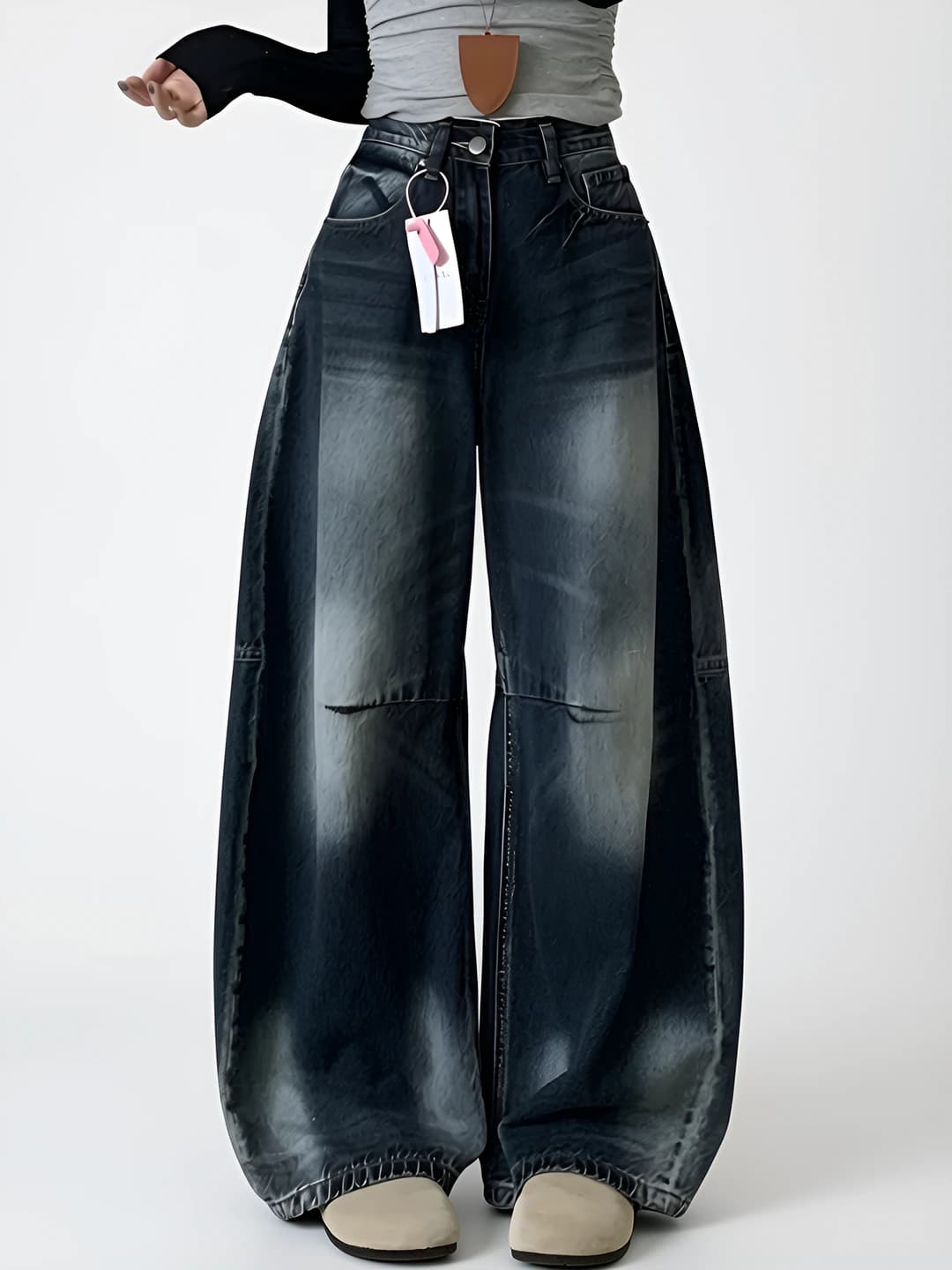 Ayollar uchun baland belli, nozik ko'rsatadigan, bahor-kuzgi, kundalik uslubdagi, to'g'ri kesimli, uzun jinsi shimlar