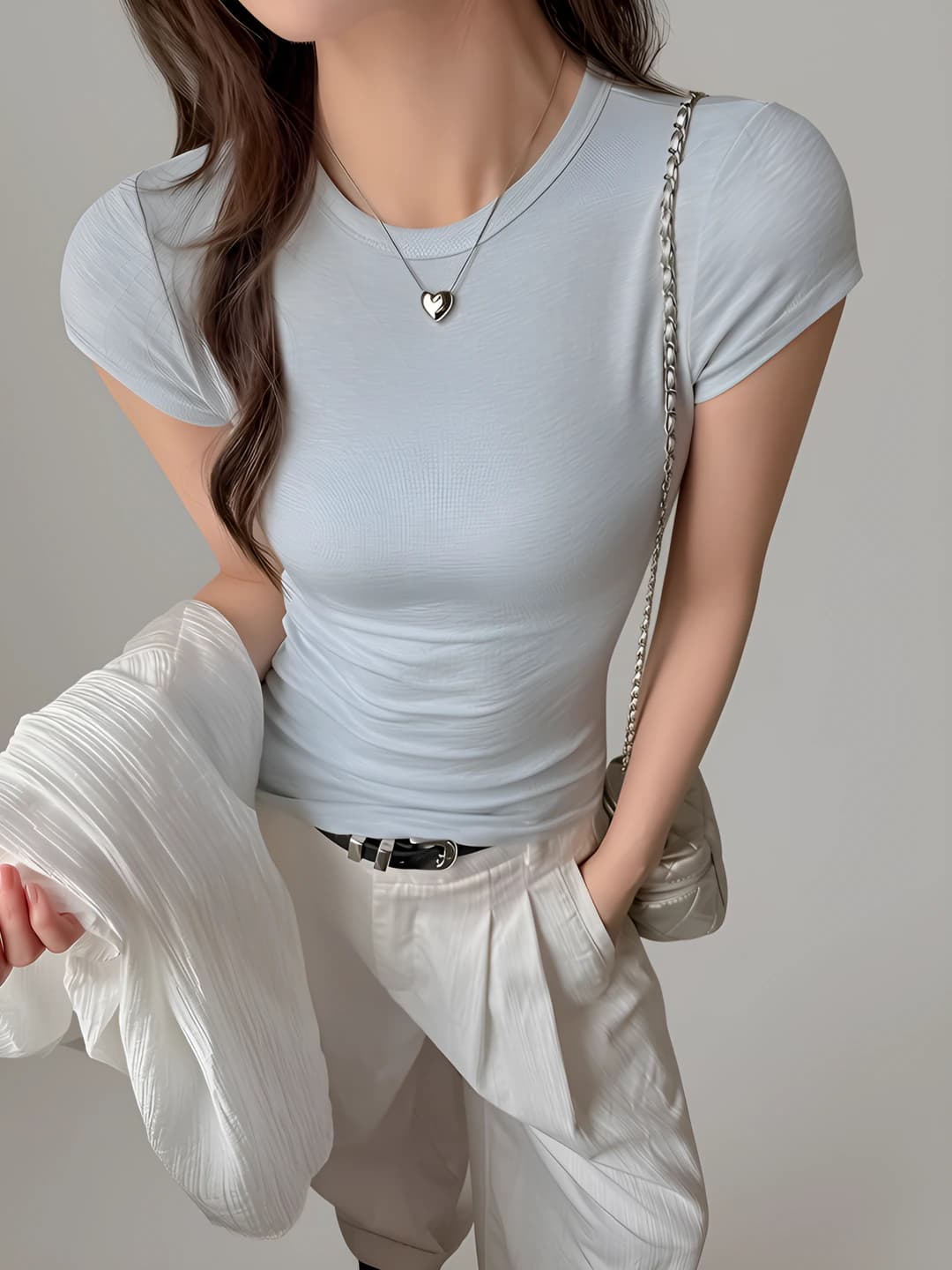 Women's summer crew neck slim fit slimming thin solid colour short sleeve t-shirt