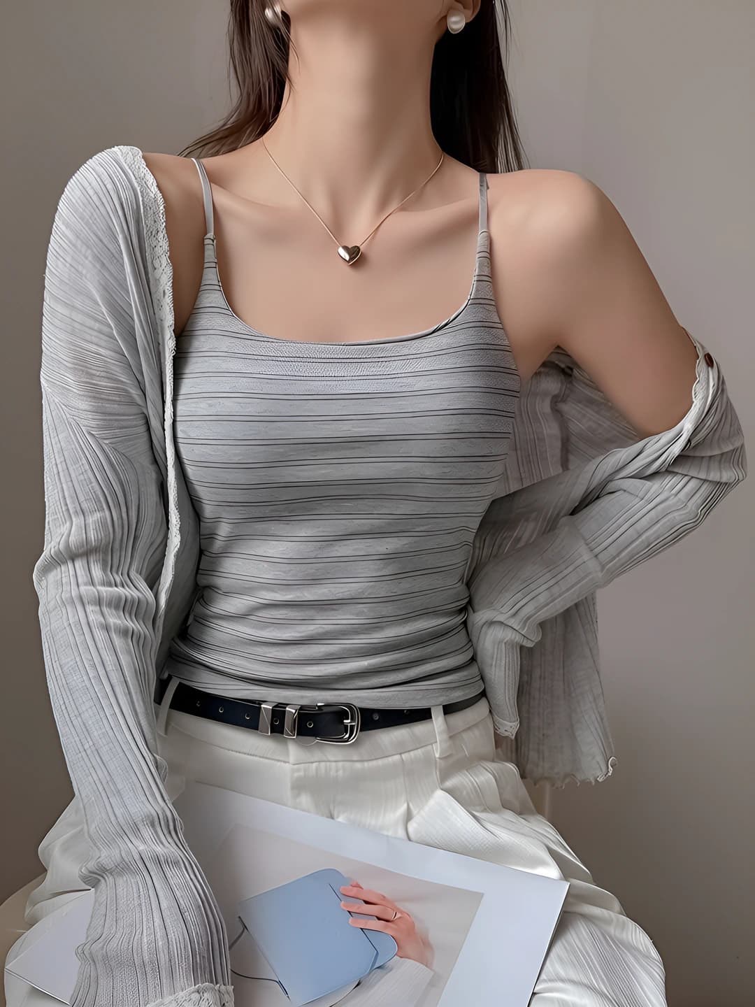 Women's camisole tank top with built-in bra pad, Korean style, slim fit, sleeveless, striped, stretch, all-season