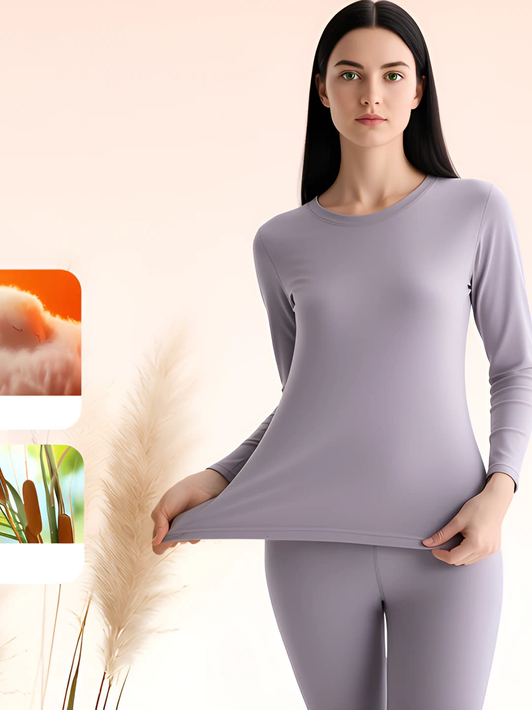 Women's warm thermal underwear set, wool and lyocell fabric, fleece-lined, thickened, solid colour, long sleeve, trousers