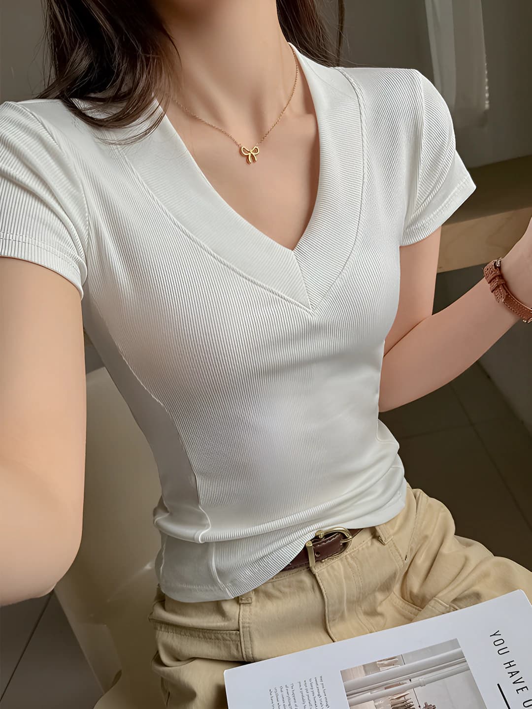 Women's spring-summer short sleeve V-neck slim fit slimming solid colour spliced t-shirt