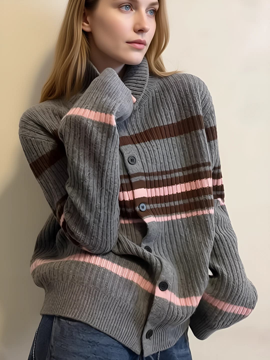 Women's retro striped high neck knit cardigan, thickened, autumn-winter, long sleeve, OL style