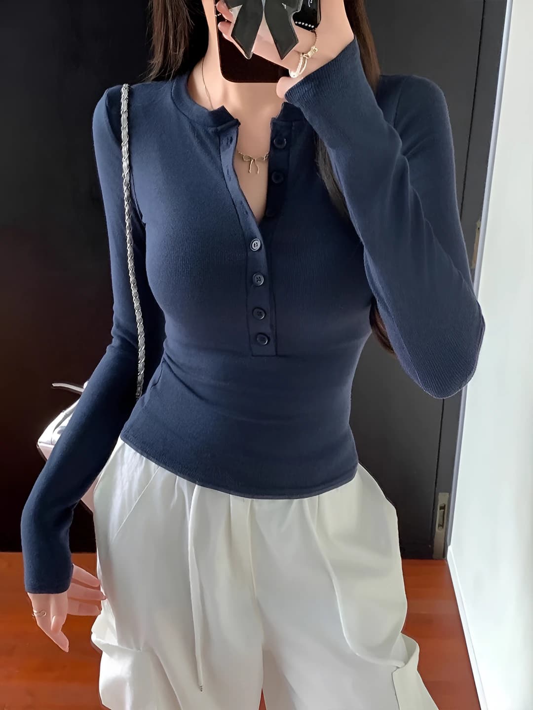 Women's long sleeve slim fit slimming solid colour V-neck buttoned longsleeve