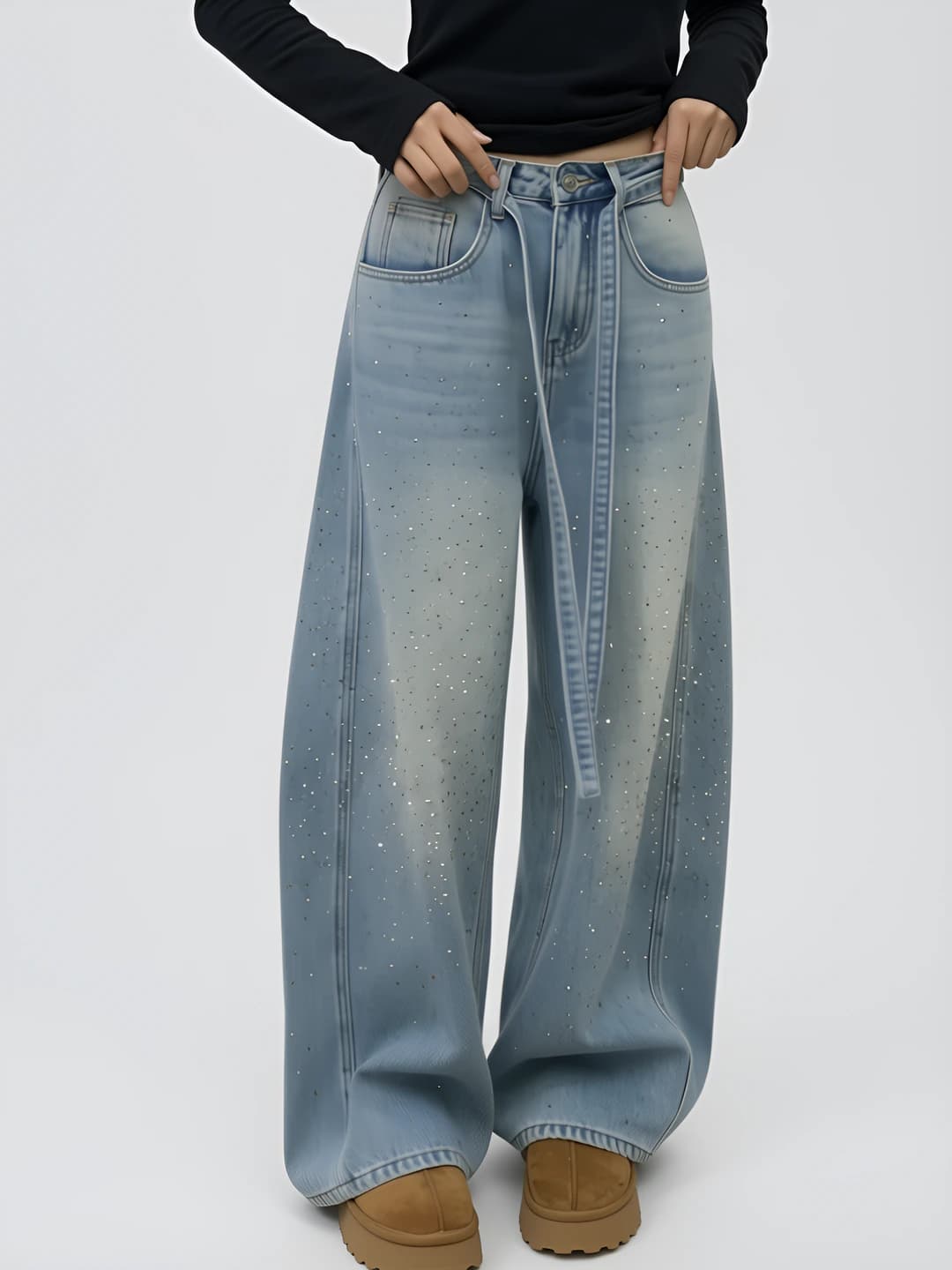 Ayollar uchun keng va klesh jinsi shimlar, baland bel, bo'sh (oversize) to'g'ri kesim, uzun shim, kundalik uslub