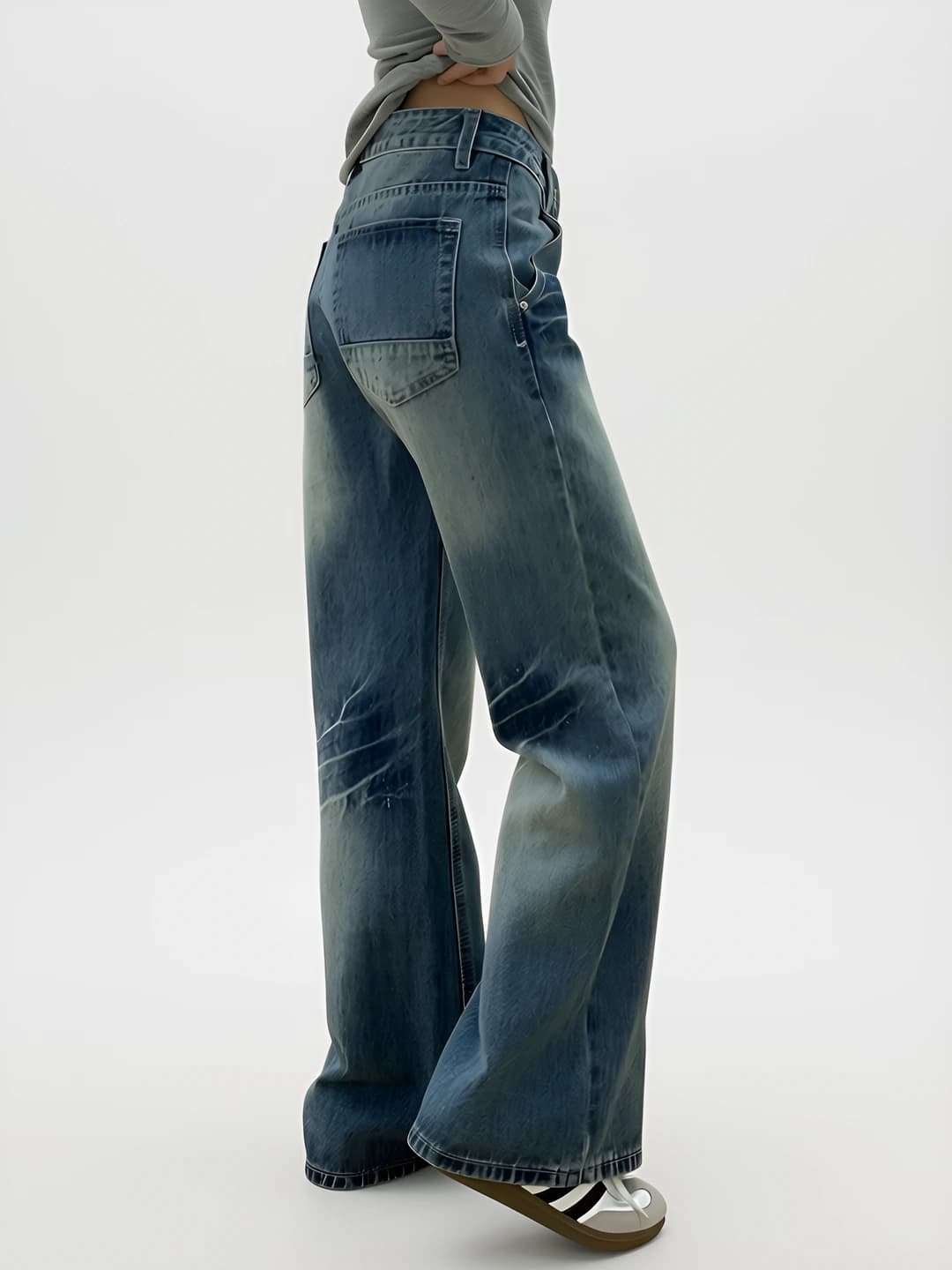 Ayollar uchun keng va klesh jinsi shimlar, baland bel, bo'sh (oversize) to'g'ri kesim, retro, bahor-kuz