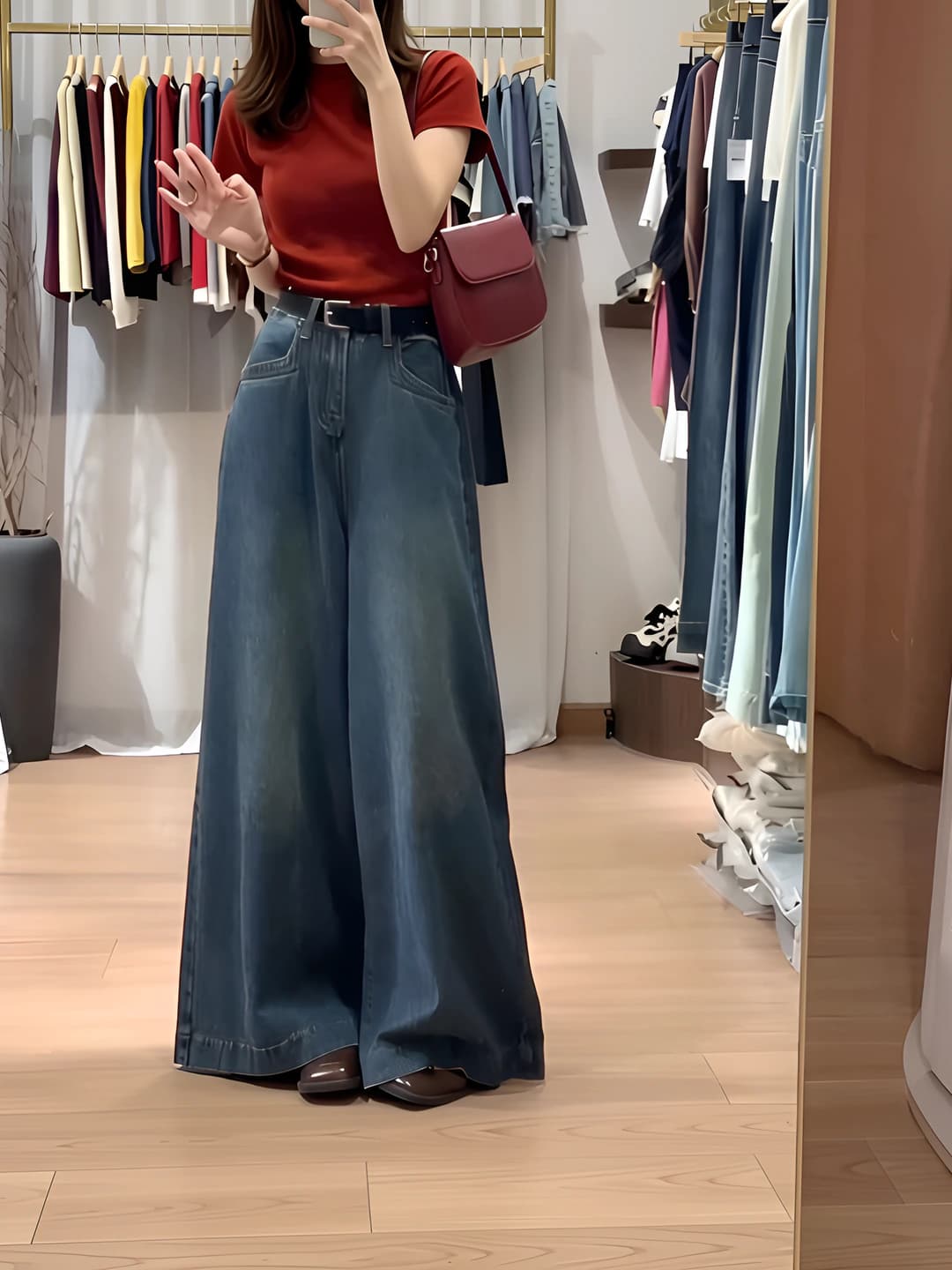 Women's wide and flared jeans, high waist, loose fit, slimming, spring-autumn, Korean style, 50%-70% cotton