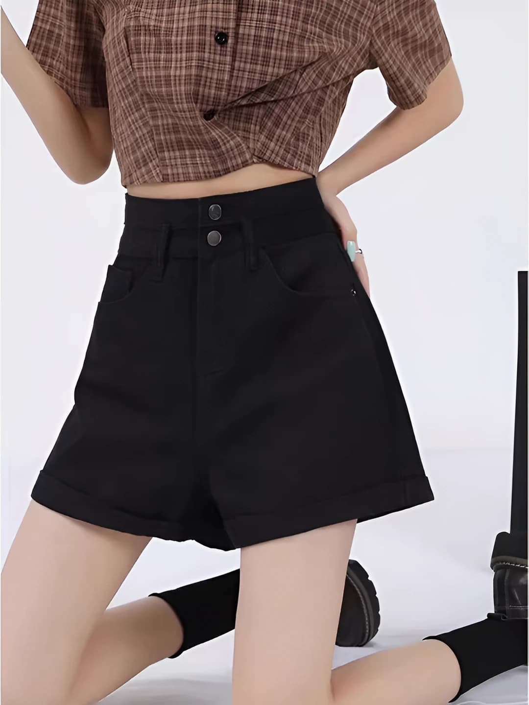 Women's spring-summer Korean style denim shorts, high waist, zip, straight cut, slimming