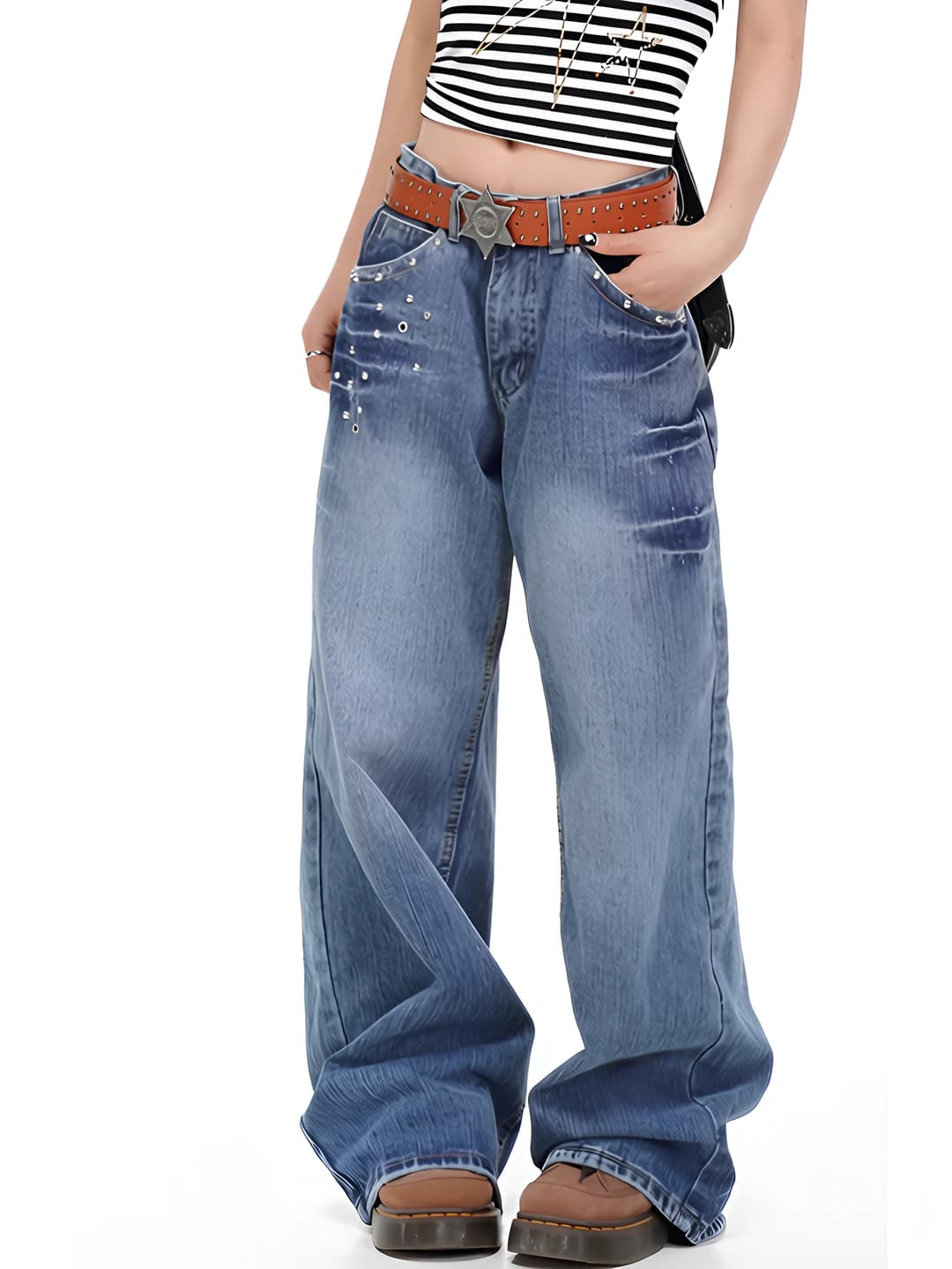 Ayollar uchun bahor-kuzgi keng va klesh jinsi shimlar, baland bel, bo'sh (oversize) fit, nozik ko'rsatadigan, uzun shim, kundalik uslub