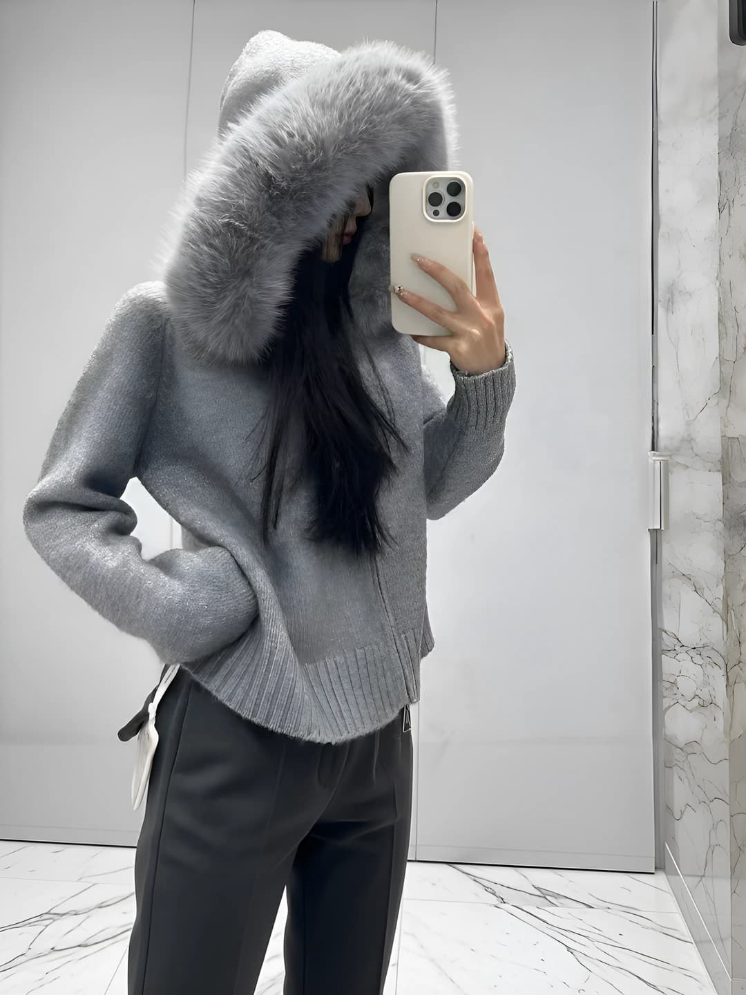 Women's autumn-winter knit cardigan, cropped, with faux fur collar, double zip, loose fit, long sleeve