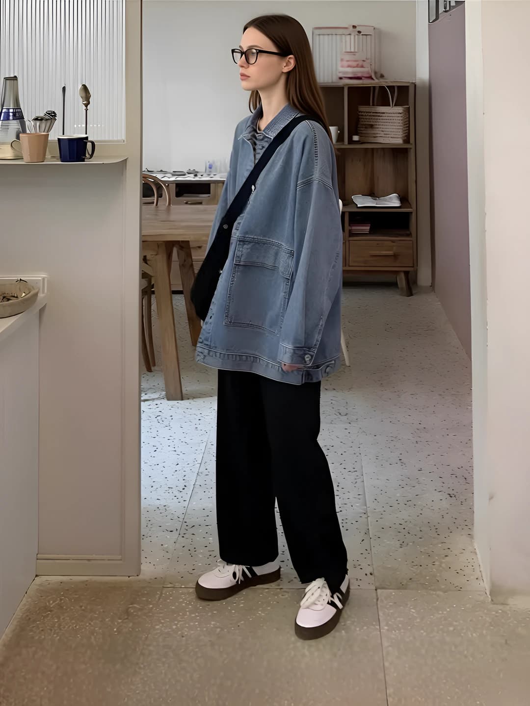 Women's 2026 spring-autumn retro denim jacket, Korean style, loose fit, long sleeve, POLO collar