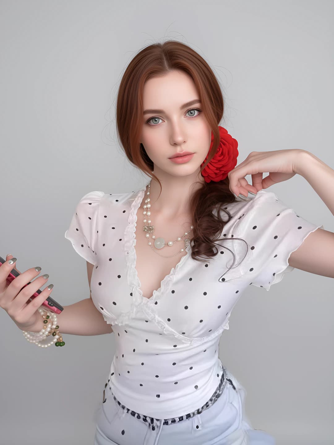 Women's lace-trim polka-dot V-neck short sleeve slim fit cropped t-shirt