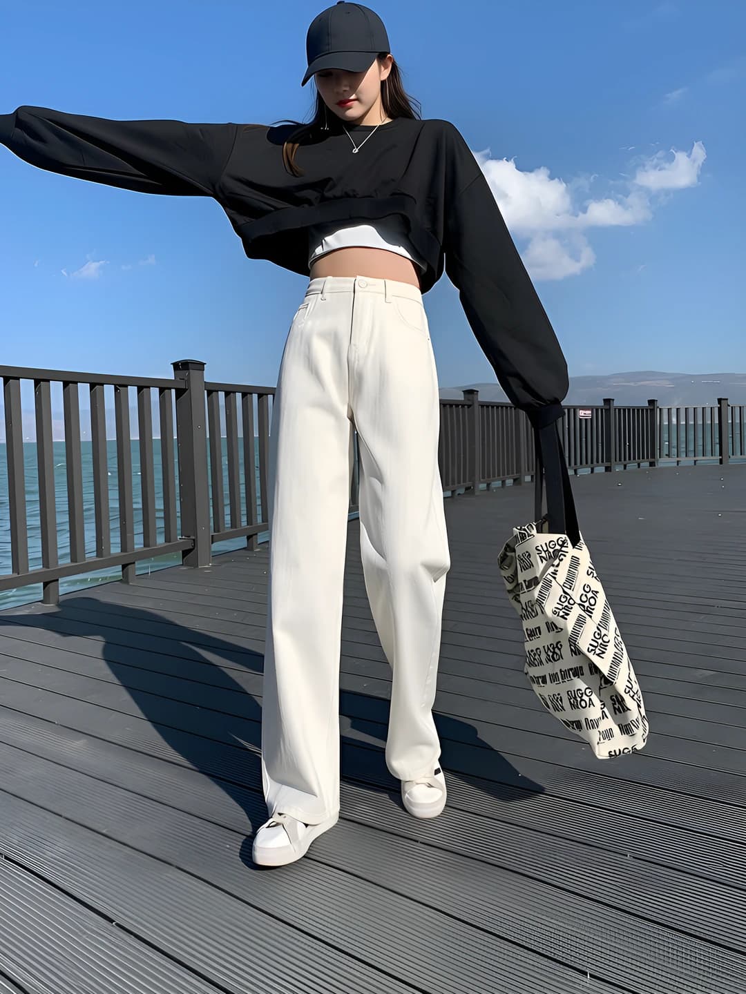 Women's high waist straight cut loose fit wide and flared jeans, trousers, spring-autumn, slimming