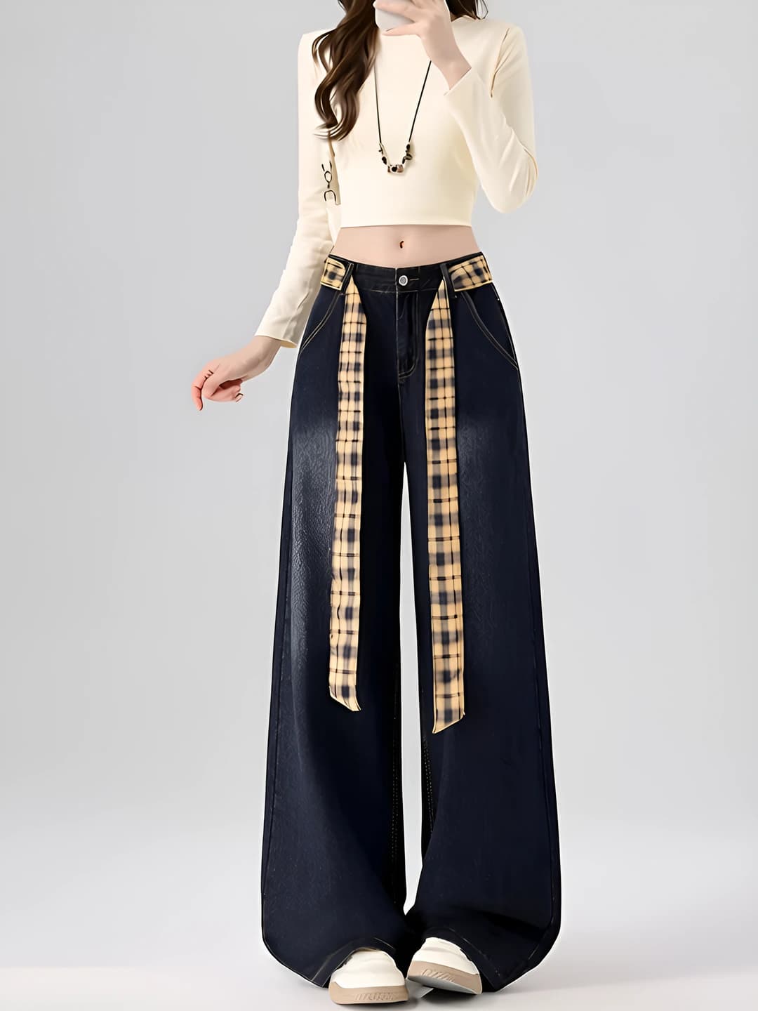 Women's wide and flared jeans, spring-autumn, high waist, loose fit, 50% (inclusive)-70% (exclusive) cotton, casual style