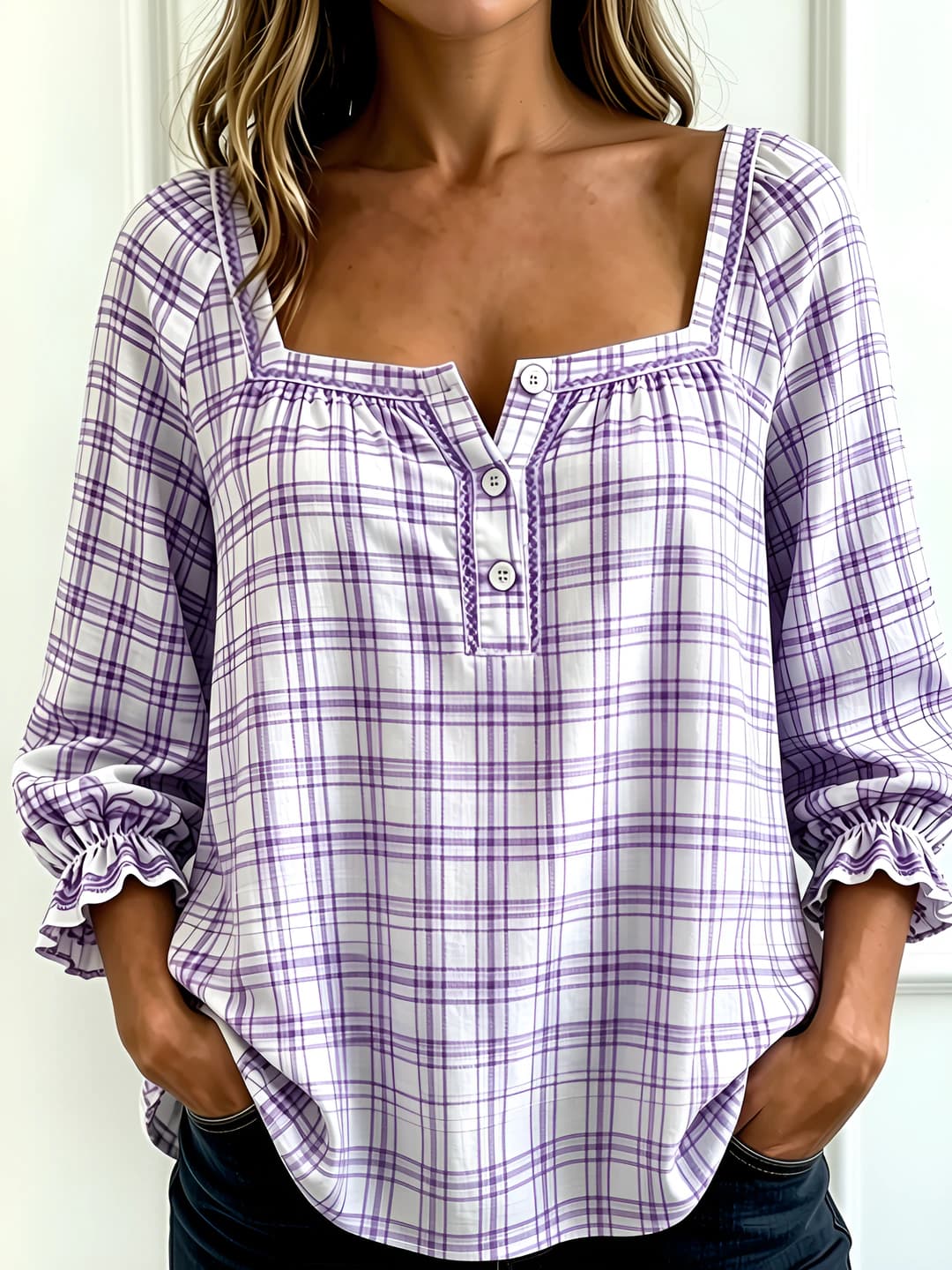 Women's printed blouse for summer, loose fit, long sleeve, V-neck, 2026