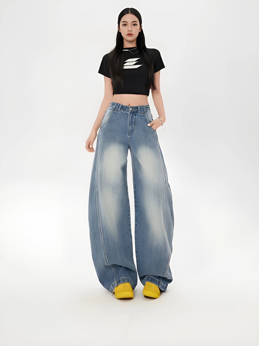 Women's wide and flared jeans, high waist, trousers, zip, loose fit, main fabric share 50% (inclusive)-70% (exclusive), design element: washed