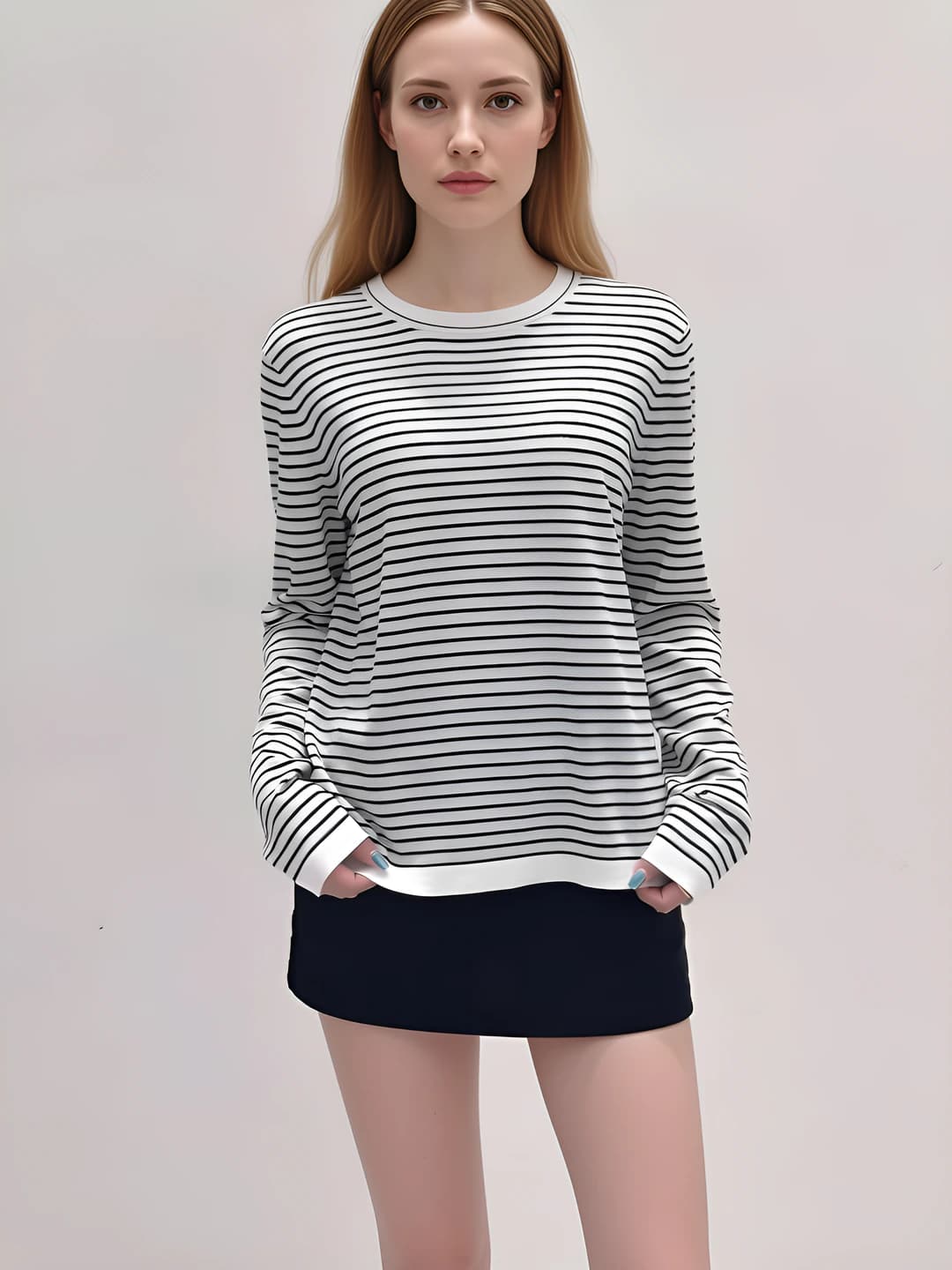 Women's striped long-sleeve knit top, spring-summer, crew neck, loose fit, wool and tencel blend