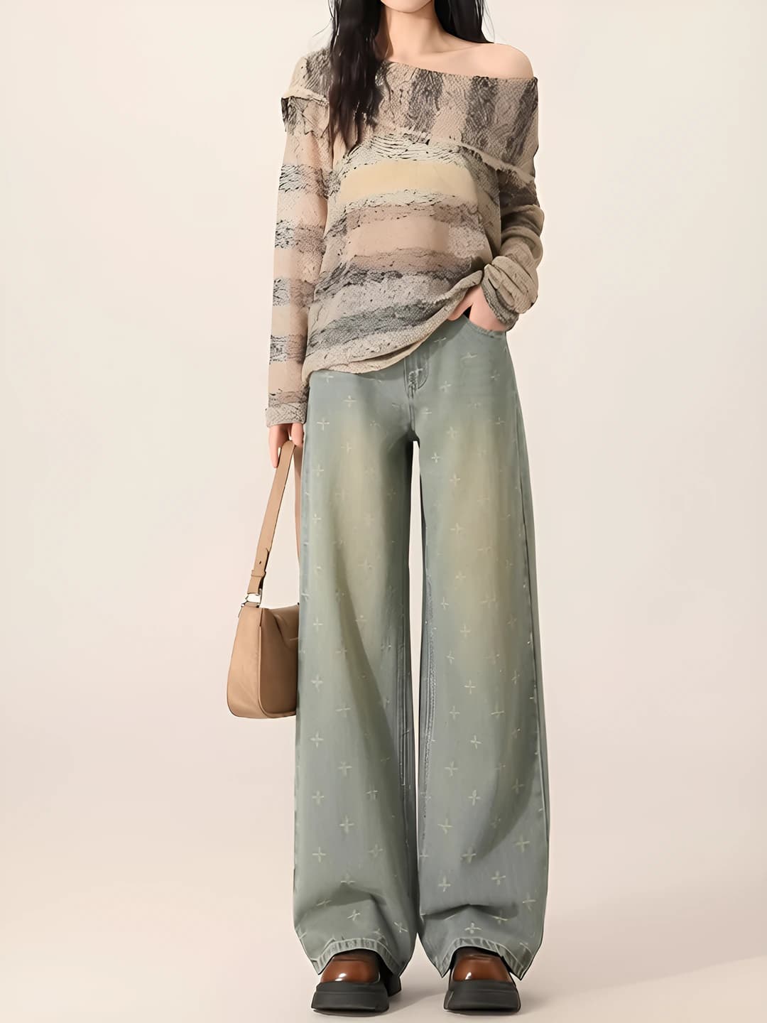 Ayollar uchun keng va klesh jinsi shimlar, bahor-kuz, baland bel, bo'sh (oversize) fit, kundalik uslub