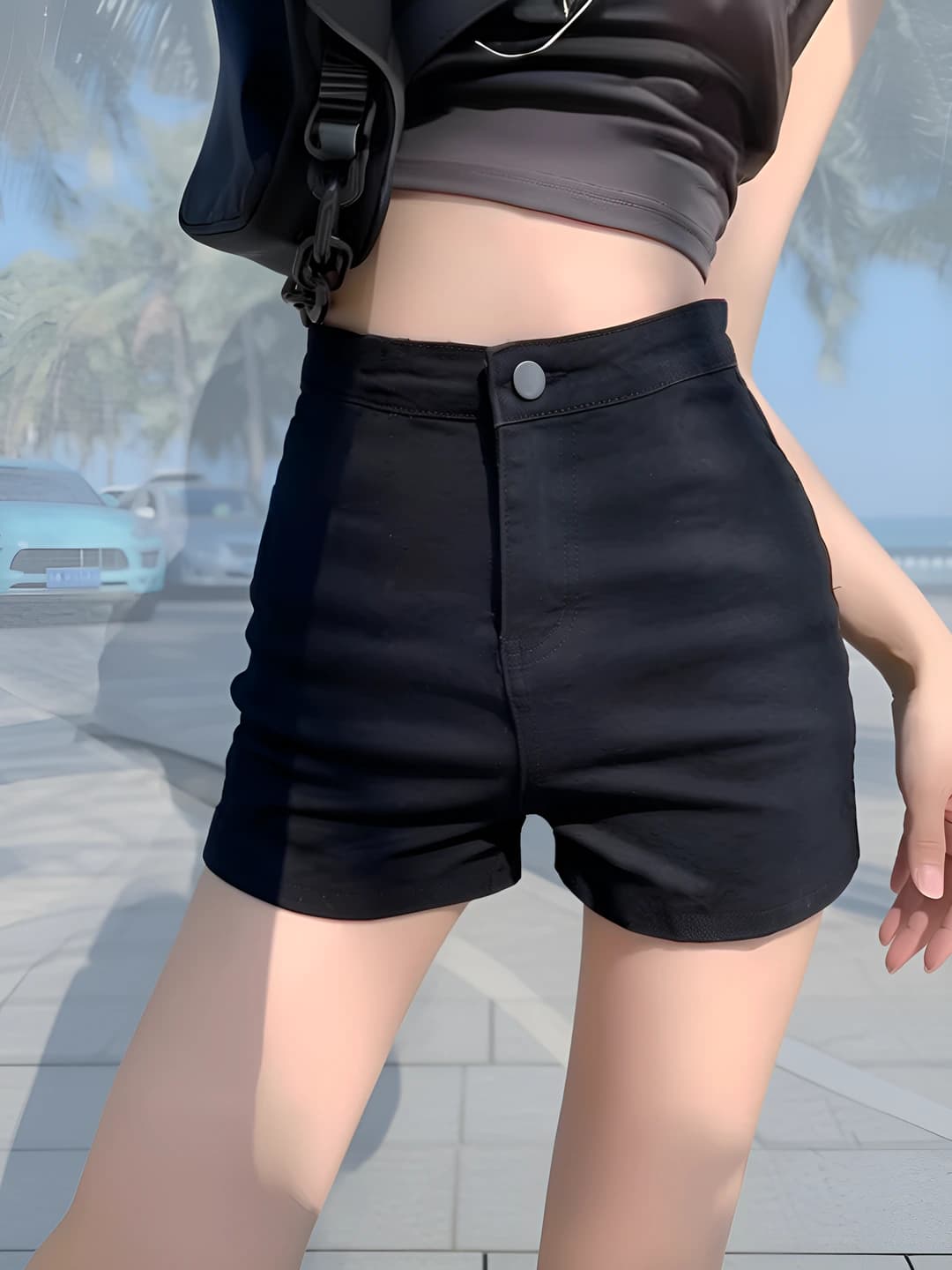 Women's stretch high waist black denim shorts, slimming, slim fit, straight cut, casual style