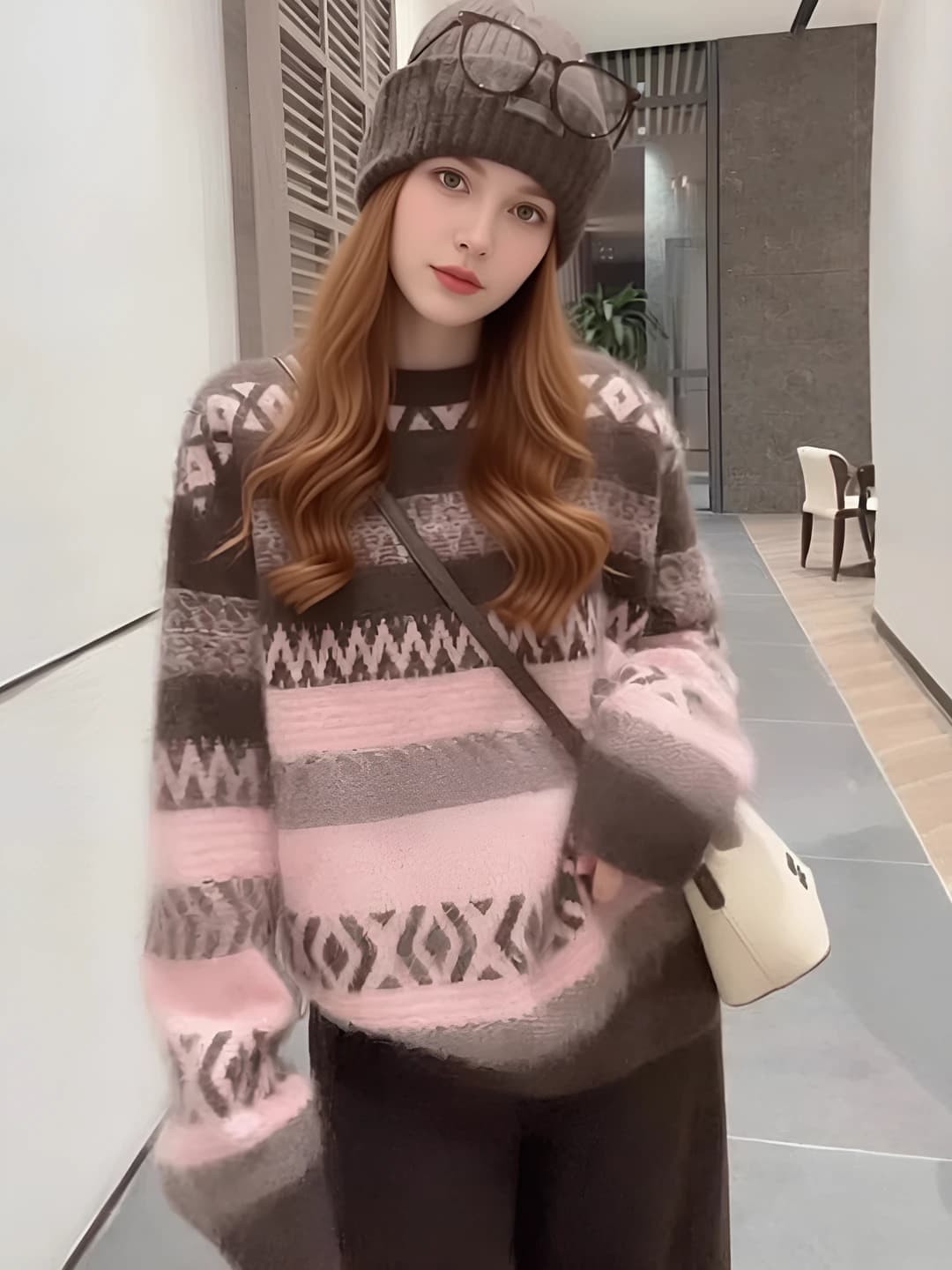 Women's retro crew neck Fair Isle knit sweater, 2026 autumn-winter, loose fit, thickened, three-quarter sleeve, solid colour, casual