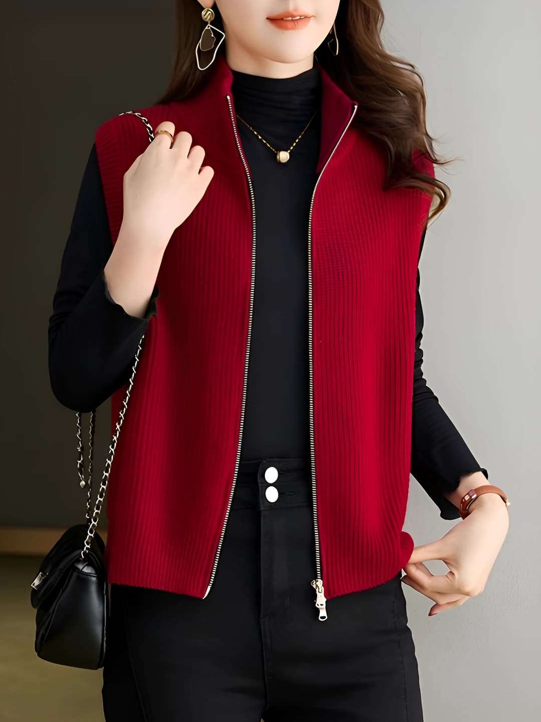 Women's red vests, autumn-winter 2026, thick, loose fit, mock neck, sleeveless, solid colour, 3D pattern, cardigan style sweater
