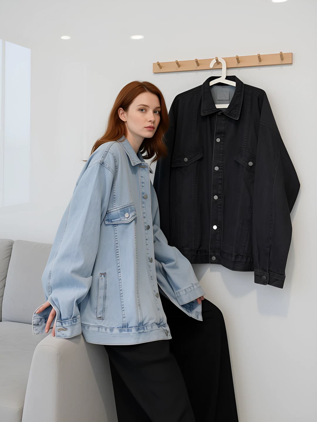 Ayollar uchun retro uslubdagi koreys uslubida bo'sh (oversize) uzun yengli POLO yoqali denim kurtka, bahor-kuz mavsumi uchun