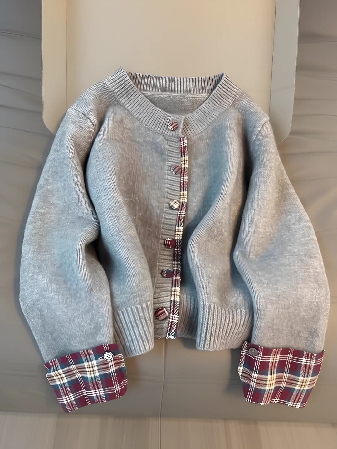 Women's cashmere checked crew neck loose fit casual cardigan, autumn-winter 2026