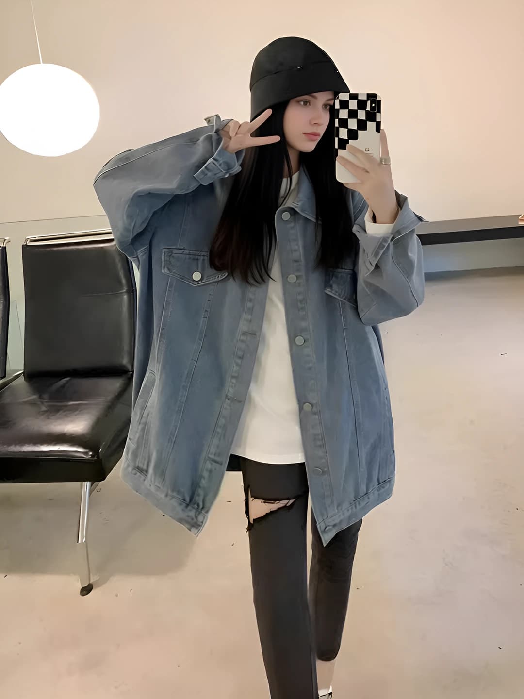 Ayollar uchun retro uslubdagi koreys uslubida bo'sh (oversize) uzun yengli POLO yoqali denim kurtka, bahor-kuz mavsumi uchun