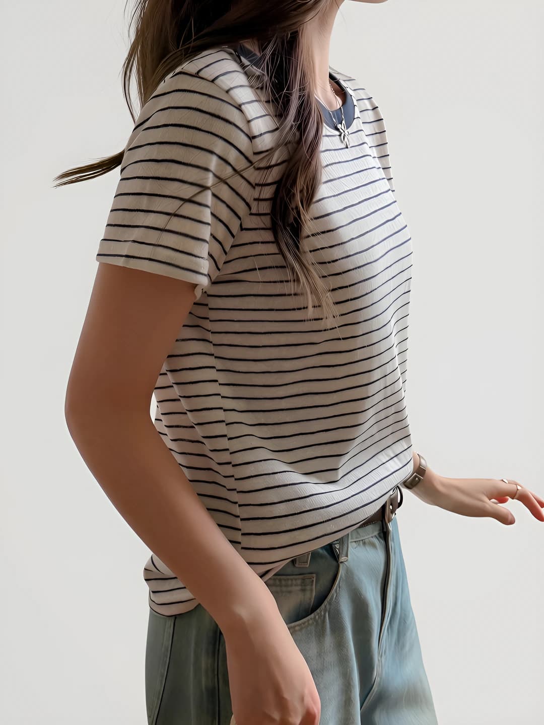 Women's crew neck striped thin loose fit short sleeve t-shirt
