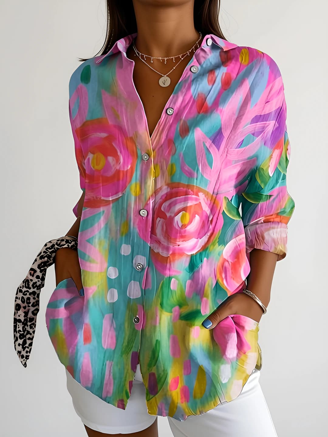 Women's plus size printed blouse, lapel collar, long sleeve, casual style