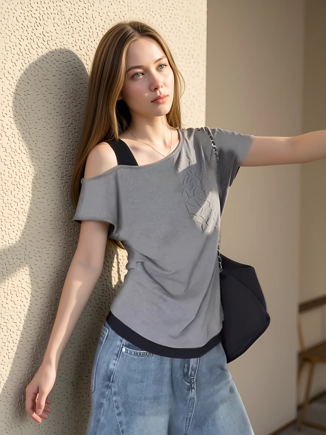 Women's off-shoulder short-sleeve top, slim fit, slimming, summer, 3D pattern, color-block