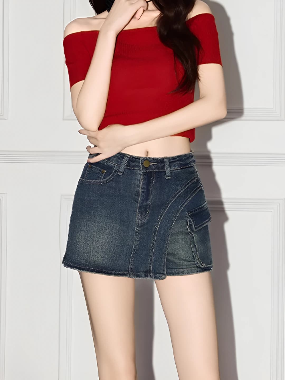 Women's denim mini skirt, high waist, slimming, spring-summer, A-line, design element