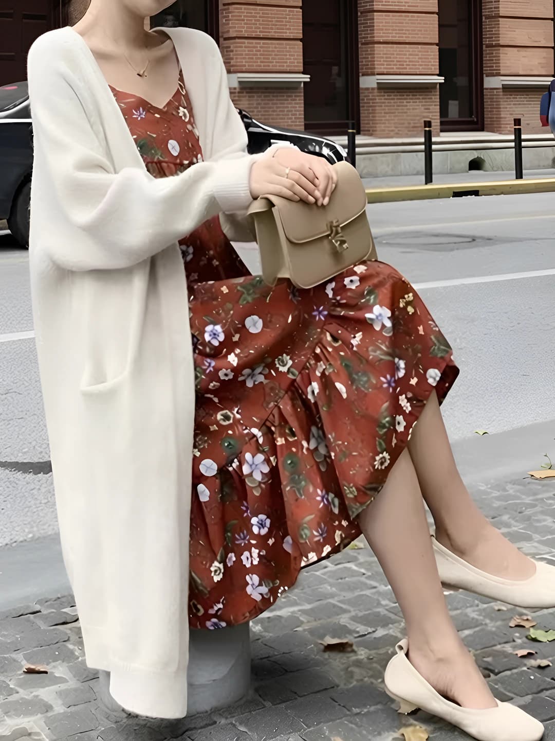 Women's Korean style mid-length loose fit knit cardigan, V-neck, long sleeve, solid colour, autumn-winter