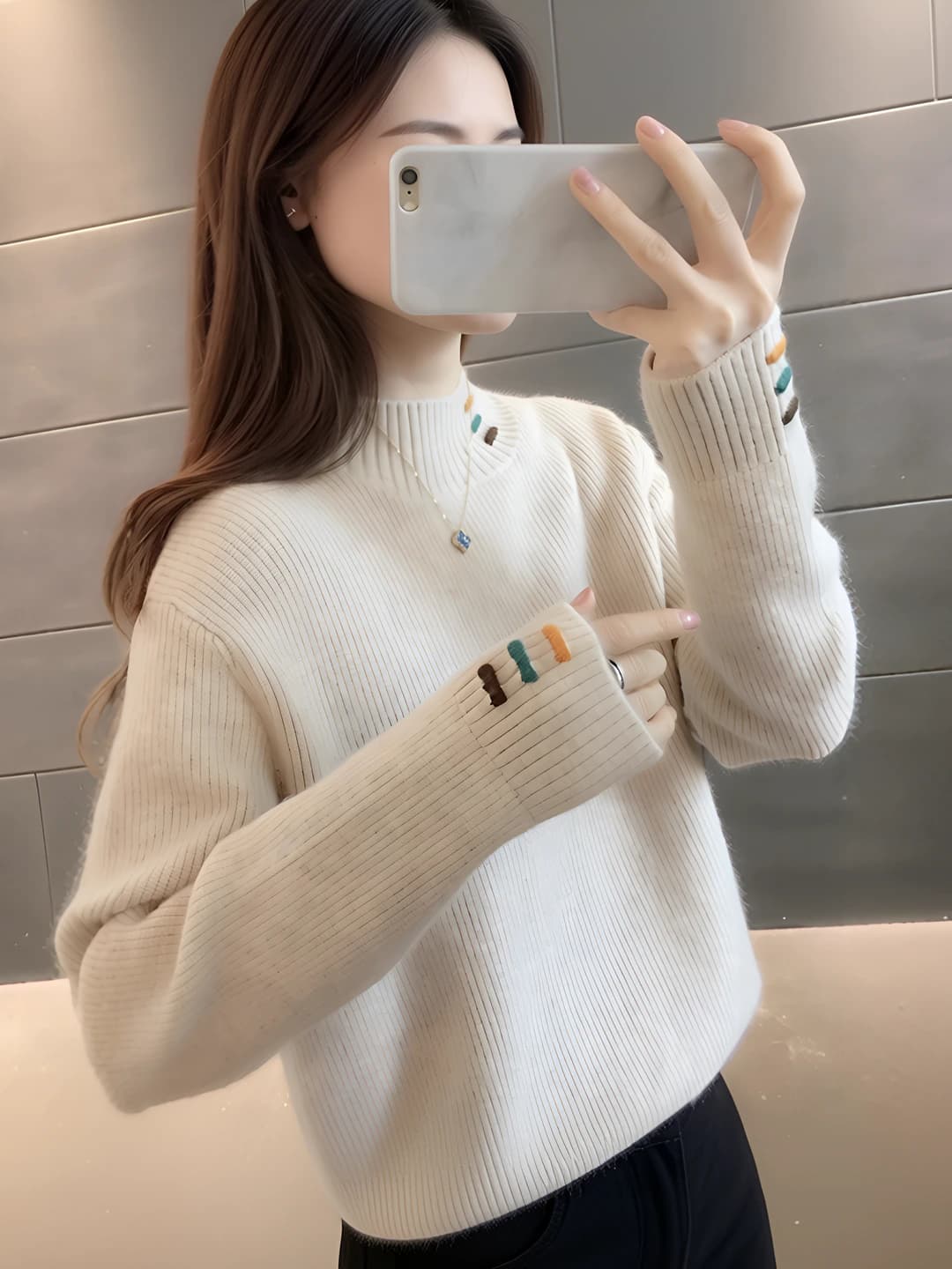Women's mock neck sweater, thickened, Korean style, solid colour, loose fit, long sleeve, autumn-winter