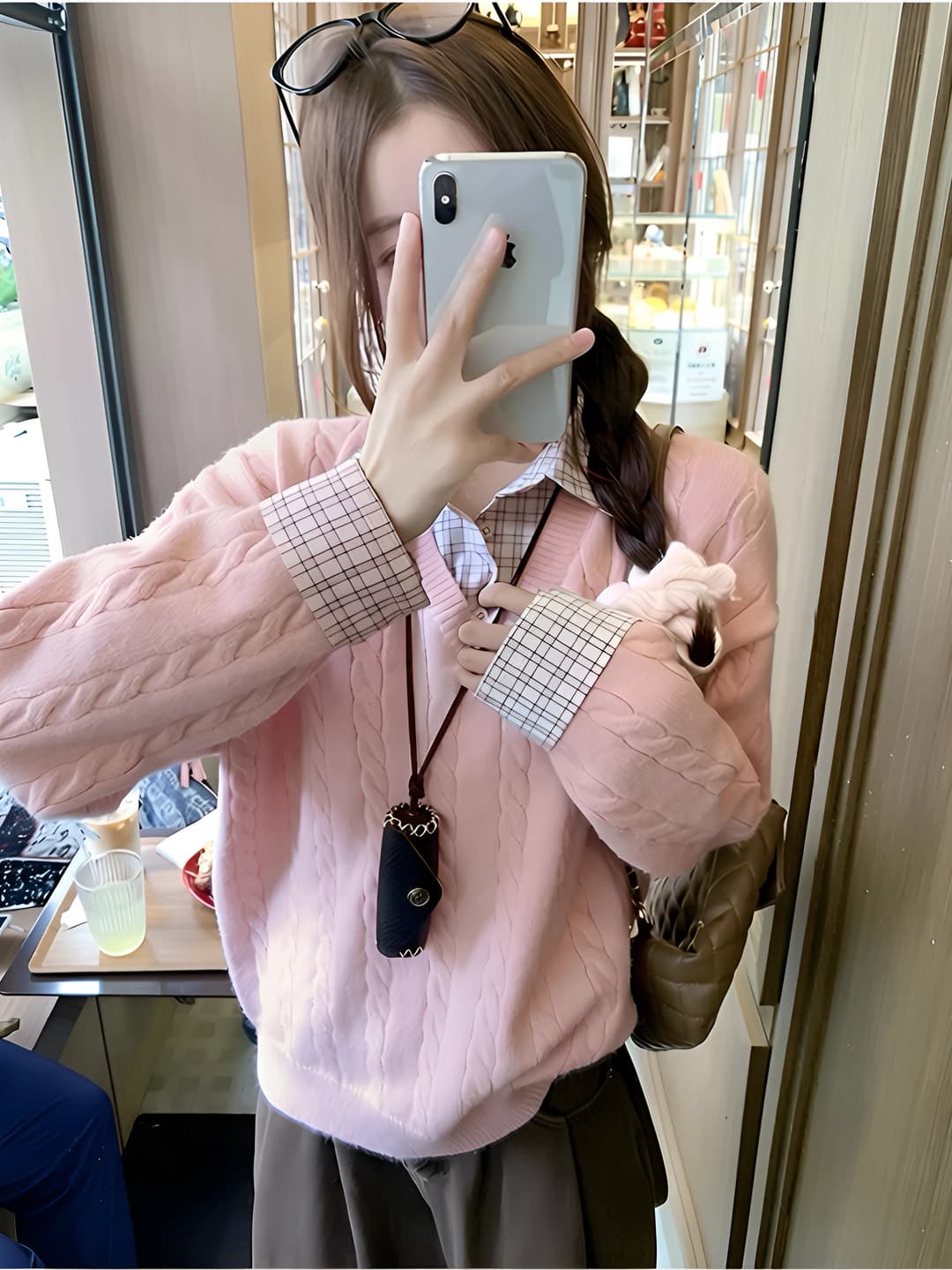Women's Korean style cable knit checked loose fit knit top