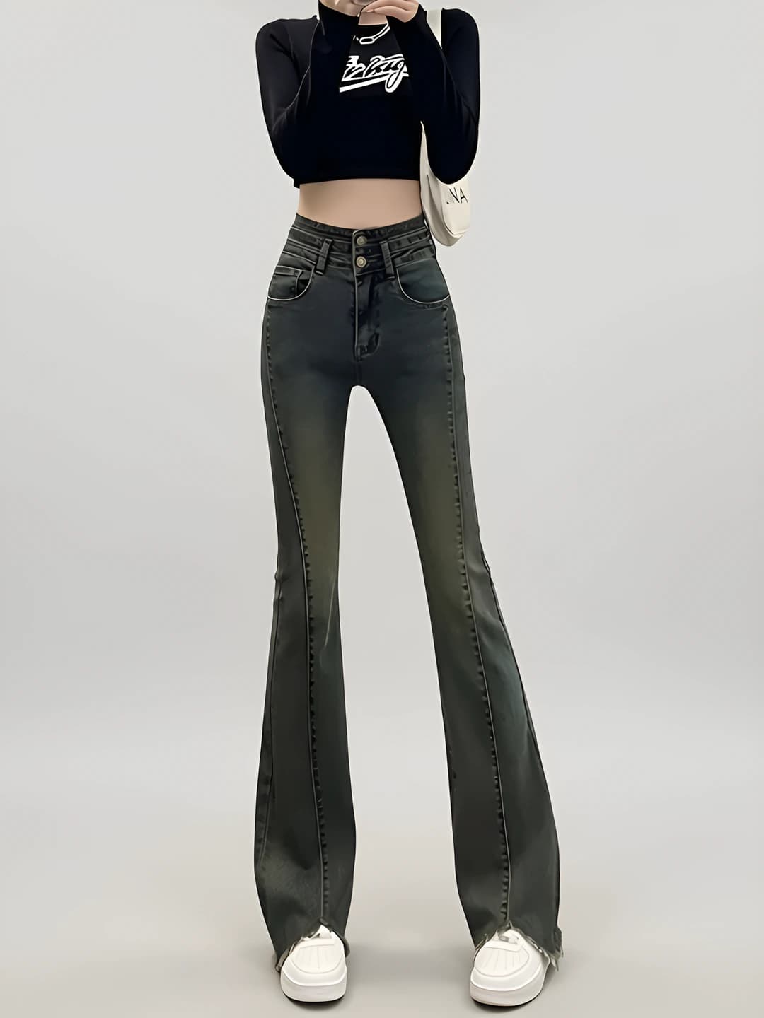 Women's wide and flared jeans, high waist, slimming, spring-autumn, double button, raw hem
