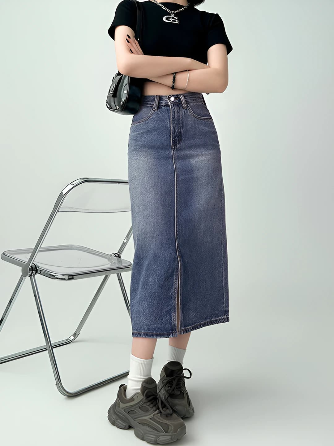 Women's retro high waist mid-length A-line denim skirt with wave design, solid colour