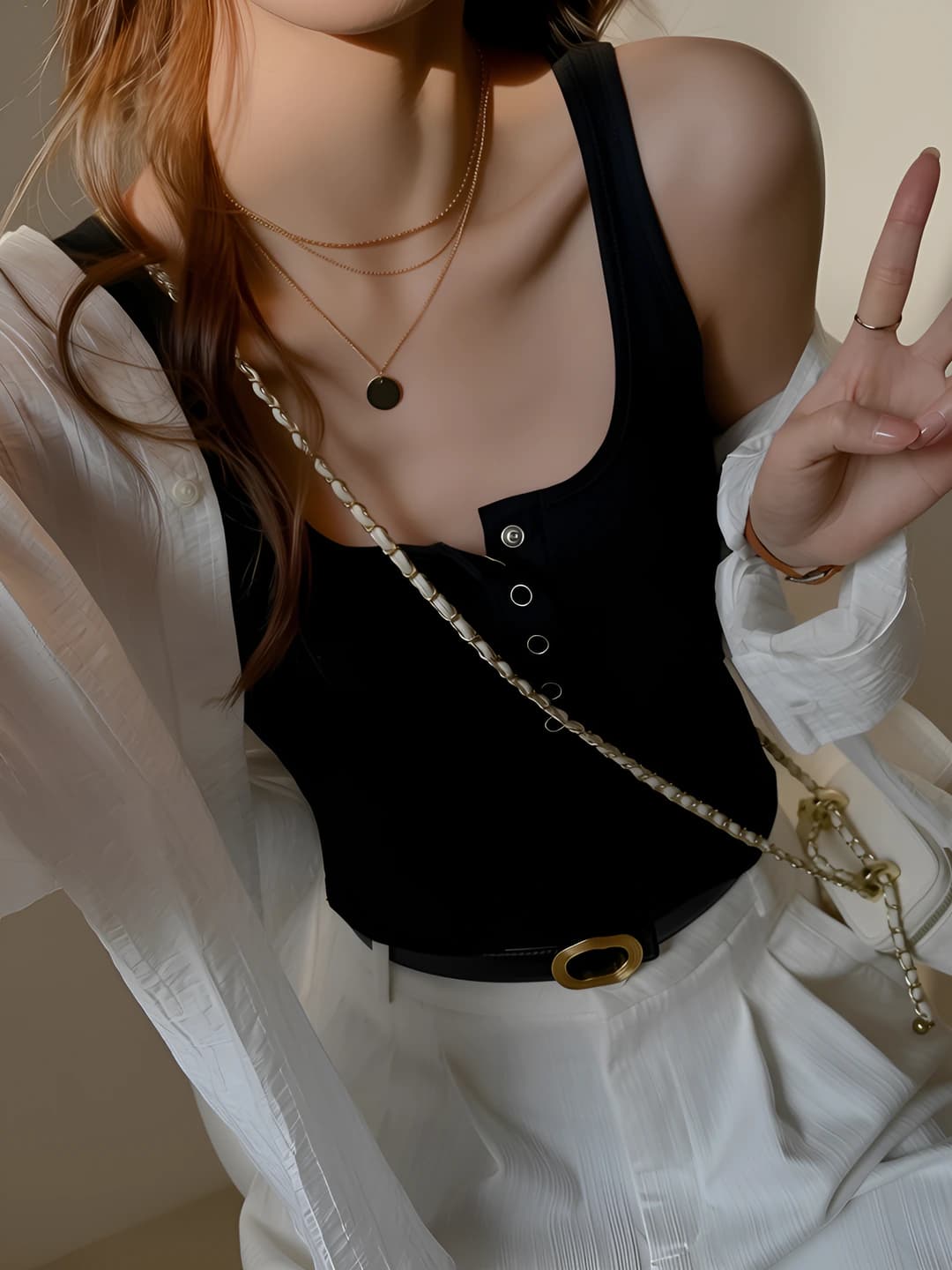Women's Korean style lapel collar button sleeveless slim fit mid-length solid colour stretch modal tank top