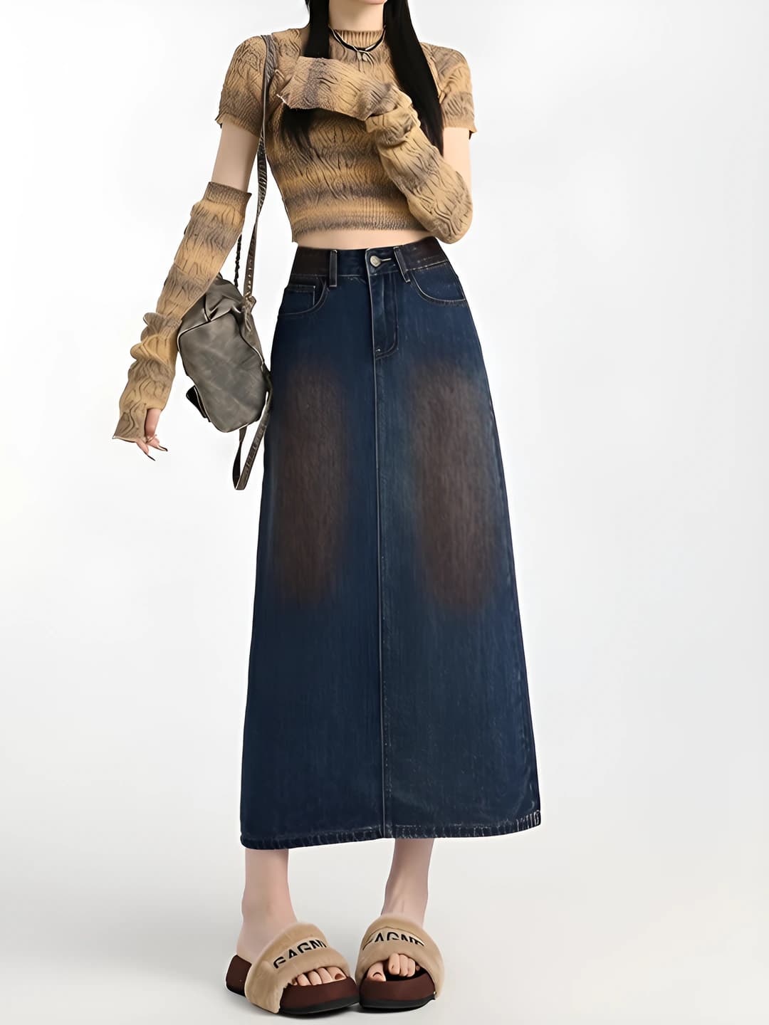 Women's solid colour A-line slimming long denim skirt for spring-autumn
