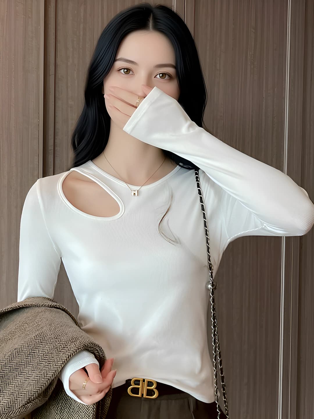 Ayollar uchun uzun yengli longsliv, dumaloq yoqa, tanaga yopishgan, qish mavsumi uchun, elastik mato